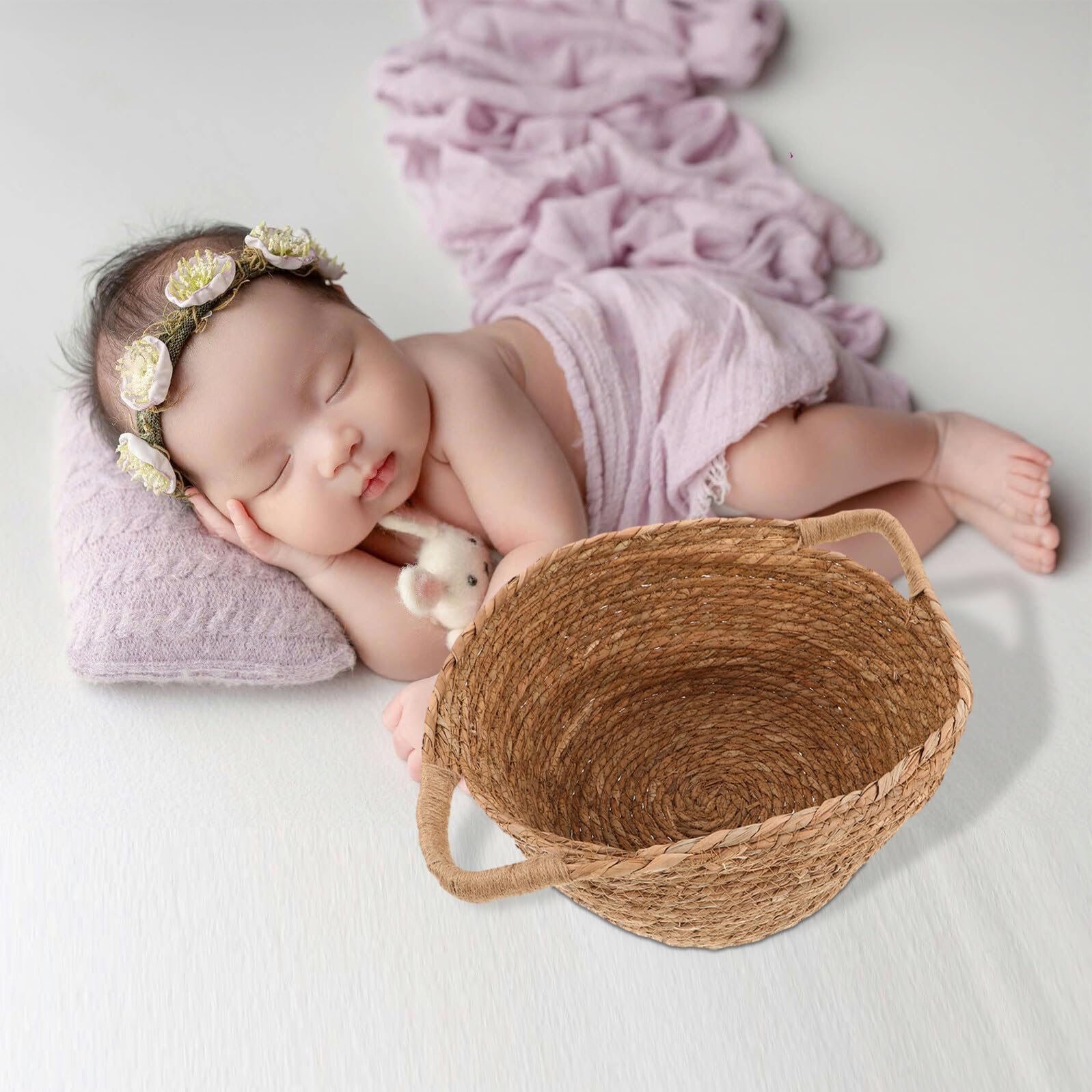 Cestino Fotografico Ragazzo Ragazza Intrecciato Mano con Manico Portatile e Versatile per Servizio Fotografico Decorazione Nursery e Regalo Shower Design Rustico Elegante