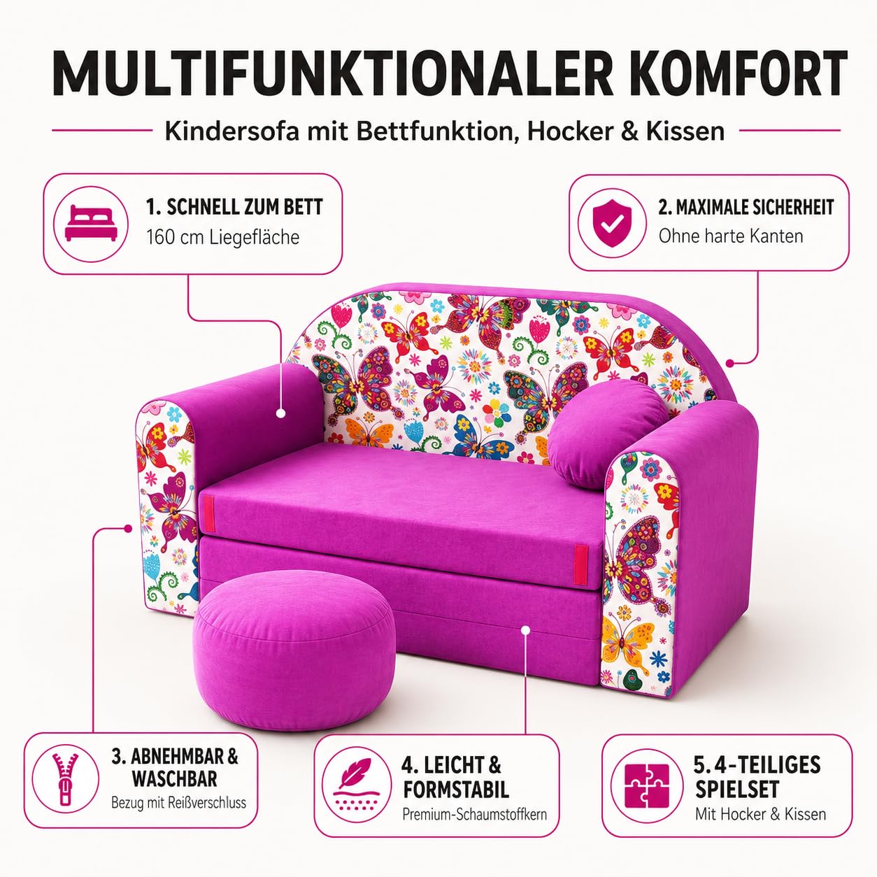 TUPPI Kindersofa mit Schlaffunktion 168x98 cm - Kindersofa Ausklappbar - Kinder Sofa für Kinderzimmer - Samtweicher Velours - 4-teilig inkl. Kissen & Puff