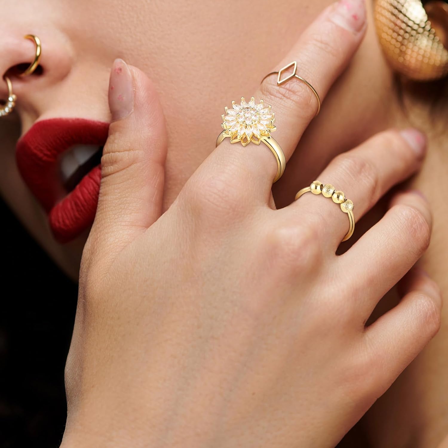 Tondiamo 6 Pcs Fidget Anxiety Rings Women Adjustable Spinner Ring Rotatable Open Cz Crystal Rings for Anxiety Stress Relief - Image 7