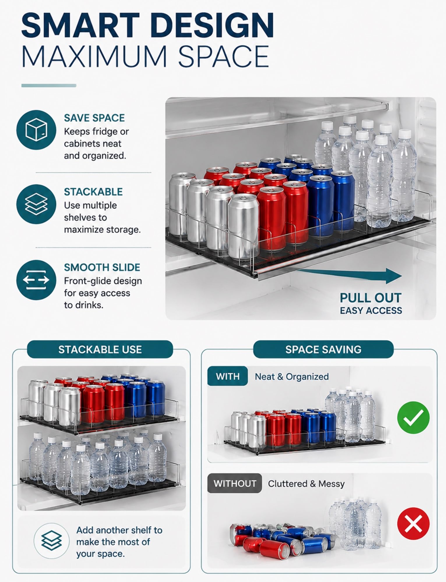 Organizer per bevande e distributore automatico di lattine, rack a scorrimento frontale per bottiglie da 12-479 ml, portaoggetti regolabile per frigorifero o armadio