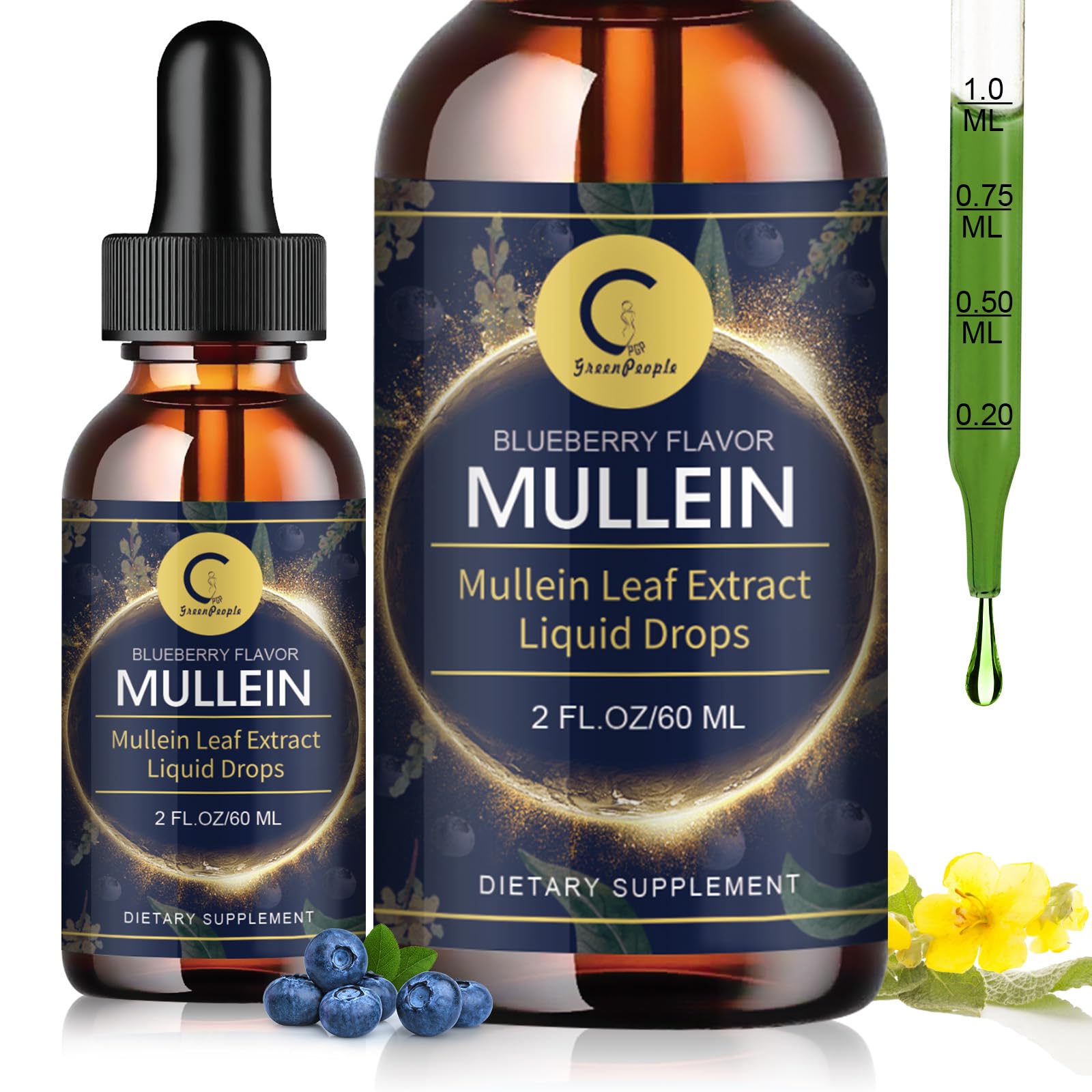 Mullein Leaf Extract Drops for Lungs - Lung Cleanse & Detox, Pure Mullein Leaf Liquid Drops, Support for Respiratory, Immune, Digestive System, Vegan, Non-GMO, Blueberry Flavor, 2 FL OZ