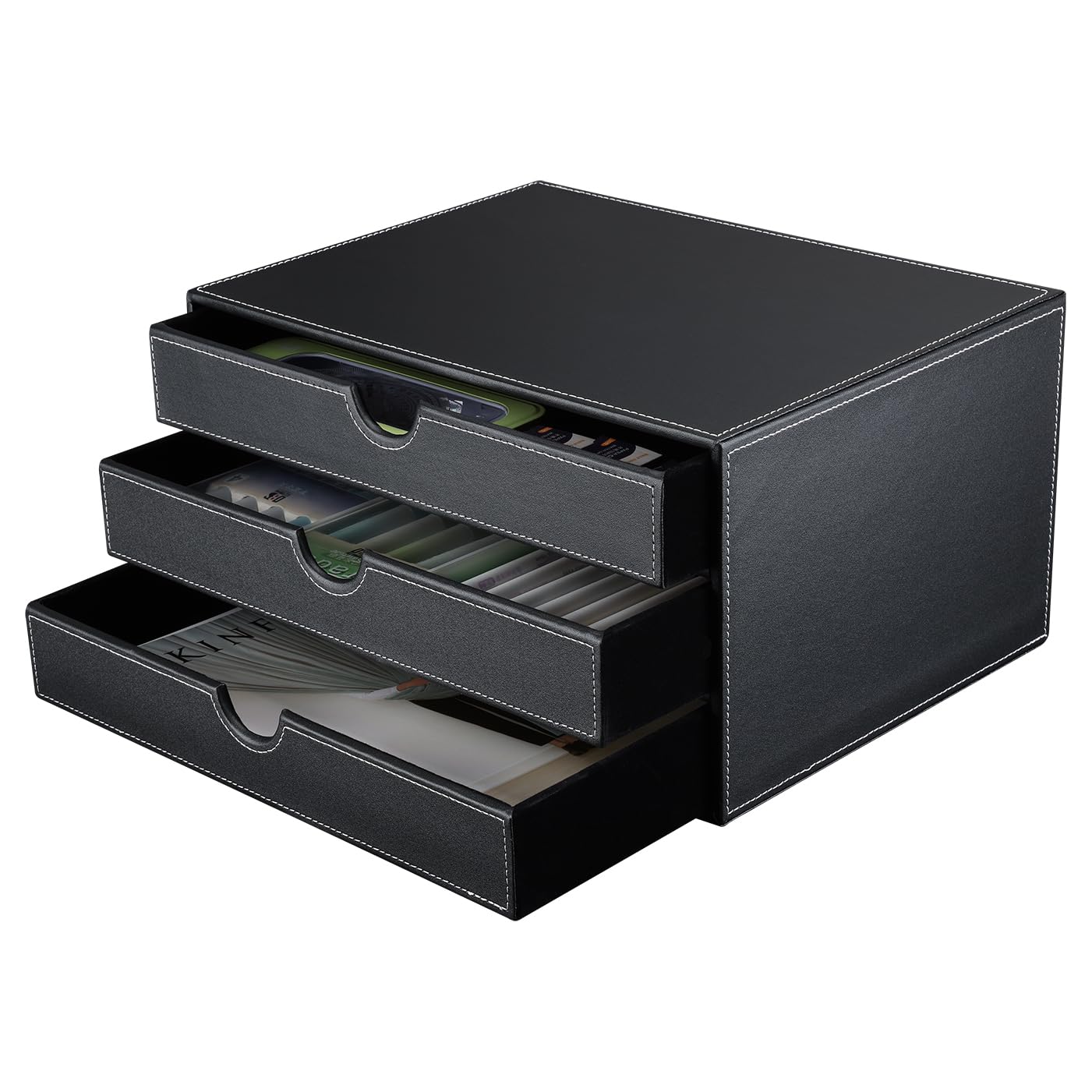 KINGFOM™ Holzstruktur Leder Schubladenbox (Stile C - Schwarz)