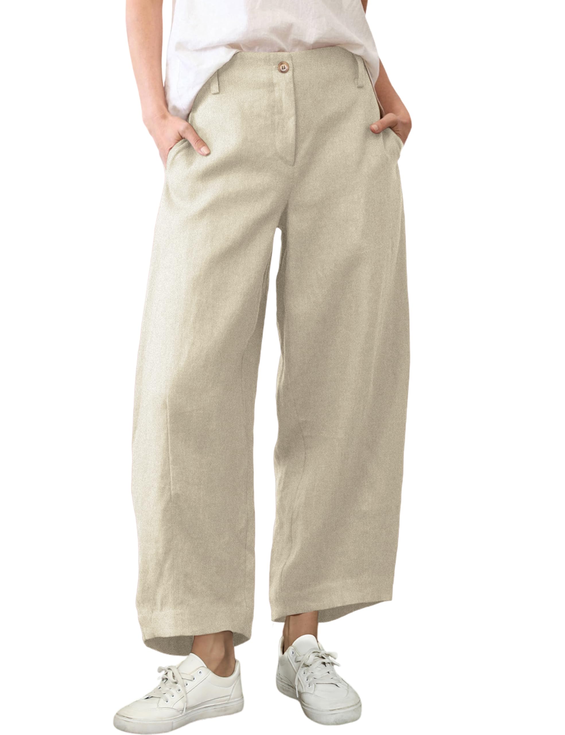 Athlisan Womens Linen Barrel Pants Casual Baggy Wide Leg Palazzo Trousers Summer Beach Capri Pants