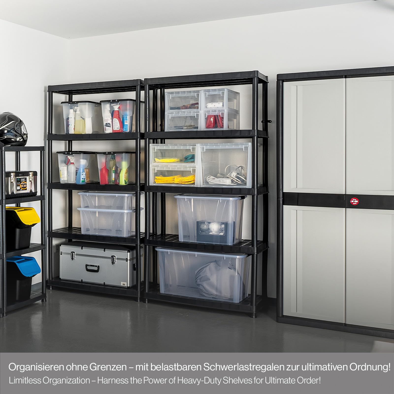 Kreher 2 Stück XXL Kunststoffregal, Schwerlastregal, Kellerregal 5 Böden, Schwarz, max. 350 kg Traglast pro Regal. TÜV Rheinland