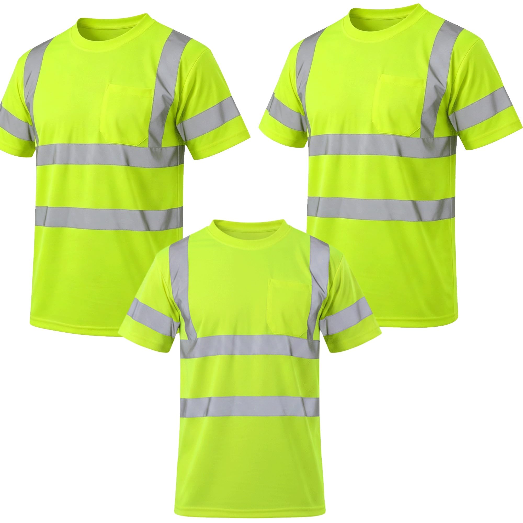 SRsafety 3 Pack Hi Vis Shirts for Men, Reflective Class 3 Safety T Shirts with Pocket, Mesh Work Wear Multipack