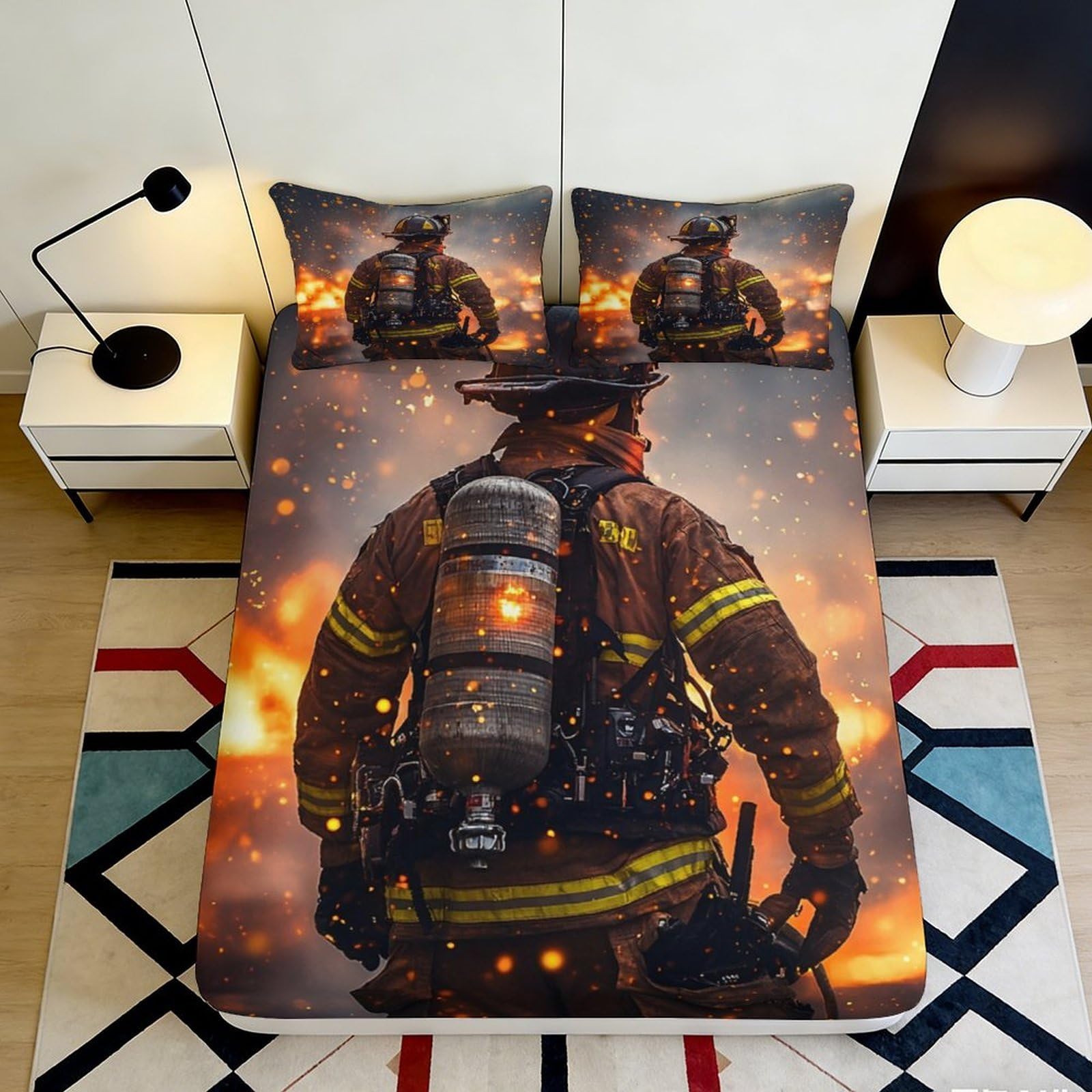 3D Printed Firefighter Theme Fitted Sheet Microfiber Flame Scene Bed Cover Anti-Slip Machine Washable for Bedroom Decor 90x200x25cm