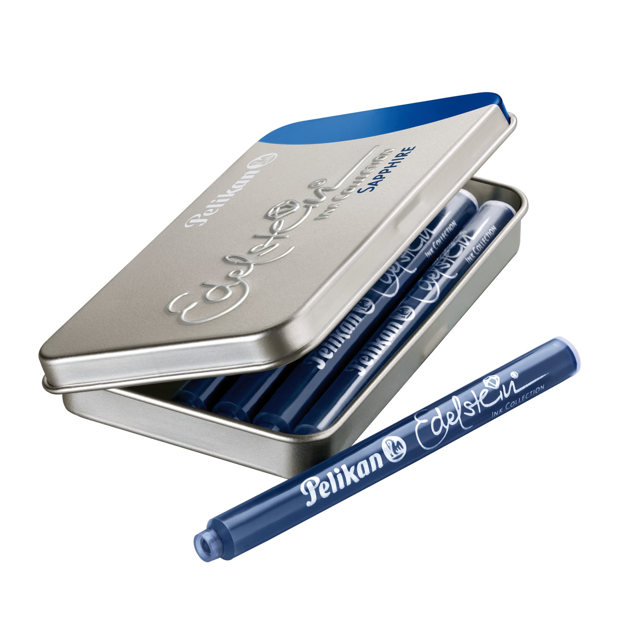 Pelikan Füllhalter Classic 200, Schwarz, Feder B (breit), hochwertiger Patronenfüller im Geschenk-Etui mit 10 Edelstein Sapphire (blau) Patronen im Metalletui
