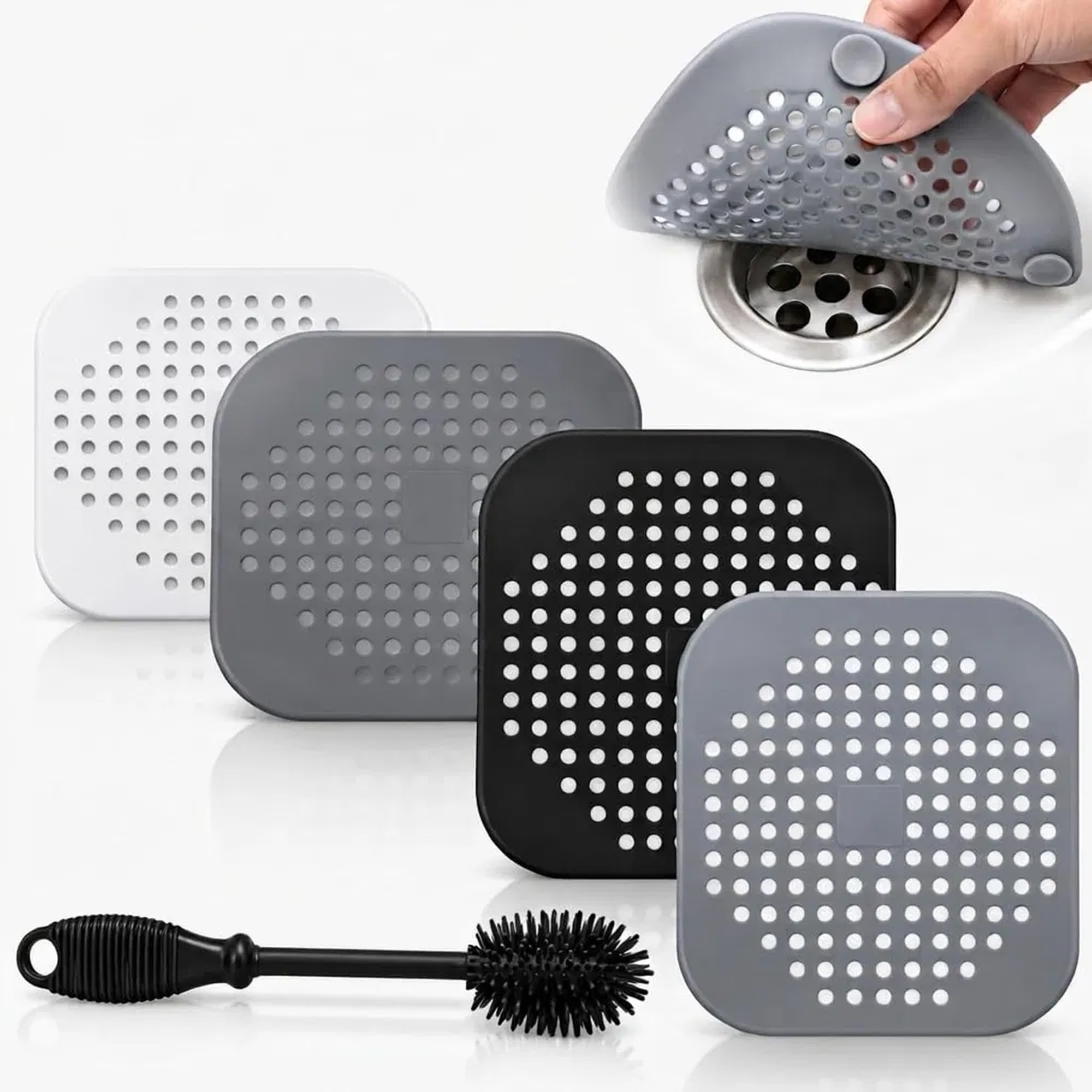 Shower Drain Hair Catcher 4 Pack, Silicone Drain Cover with Suction Cups | Stops Hair Clogs, Fits Plugholes up to 7 cm, Non-Slip Grip, Cleaning Brush Included, for Bath, Basin and Kitchen Sink