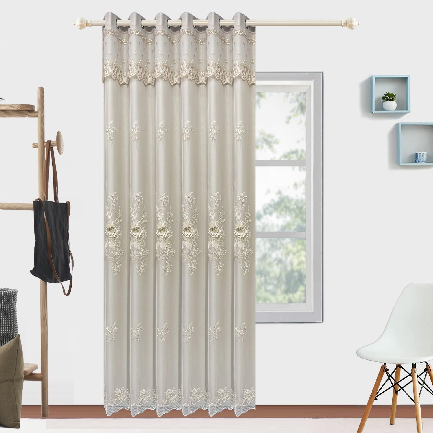 Elegant European Double Layer Blackout Curtain - Beige Floral Embroidery, 1 Panel W50 X L84 Inches 7 thumbnail image