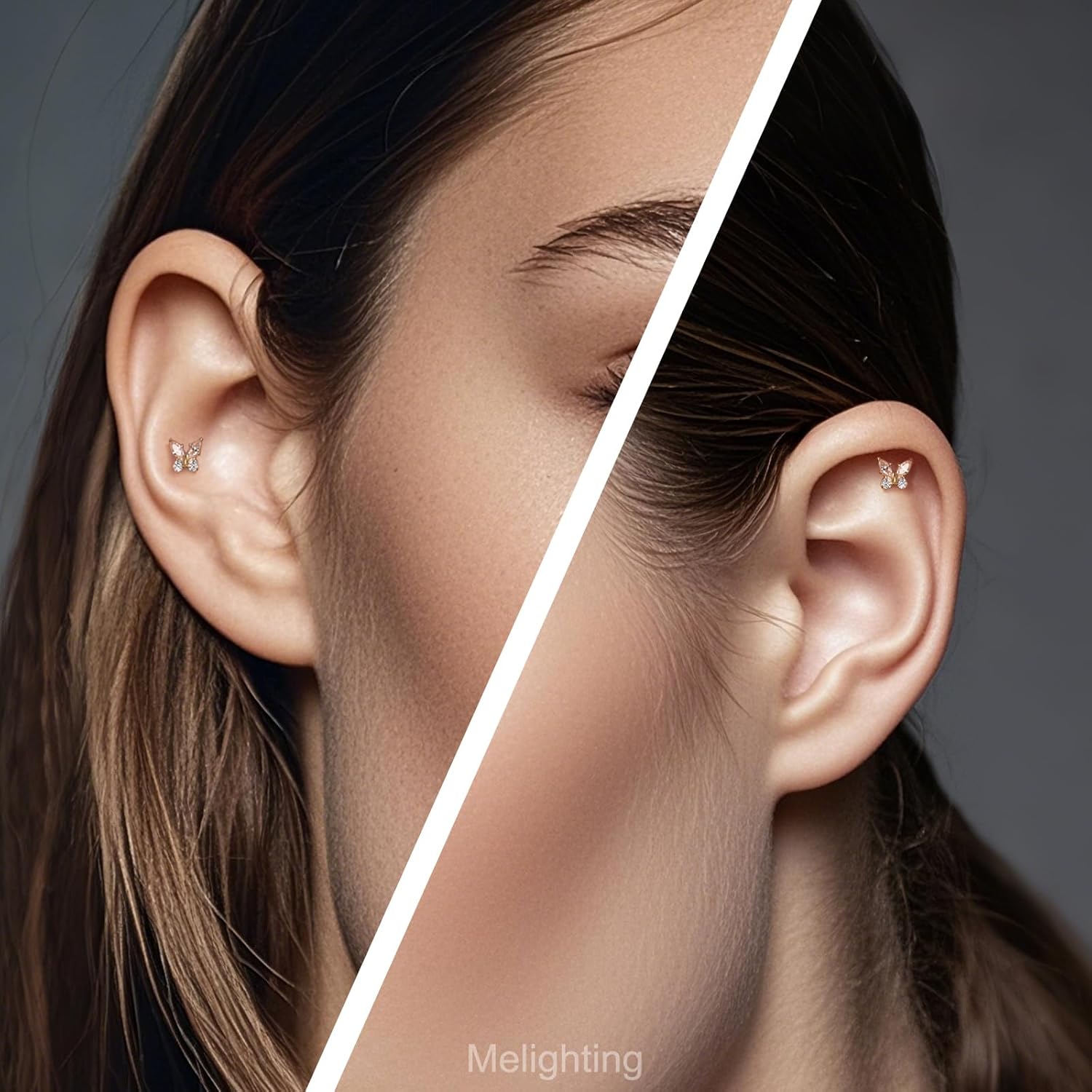 Melighting 14K Solid Gold Butterfly Cartilage Earring - Titanium Threadless Push In Earring - 16G Flat Back - 6/8 mm Helix Piercing for Women - Image 5