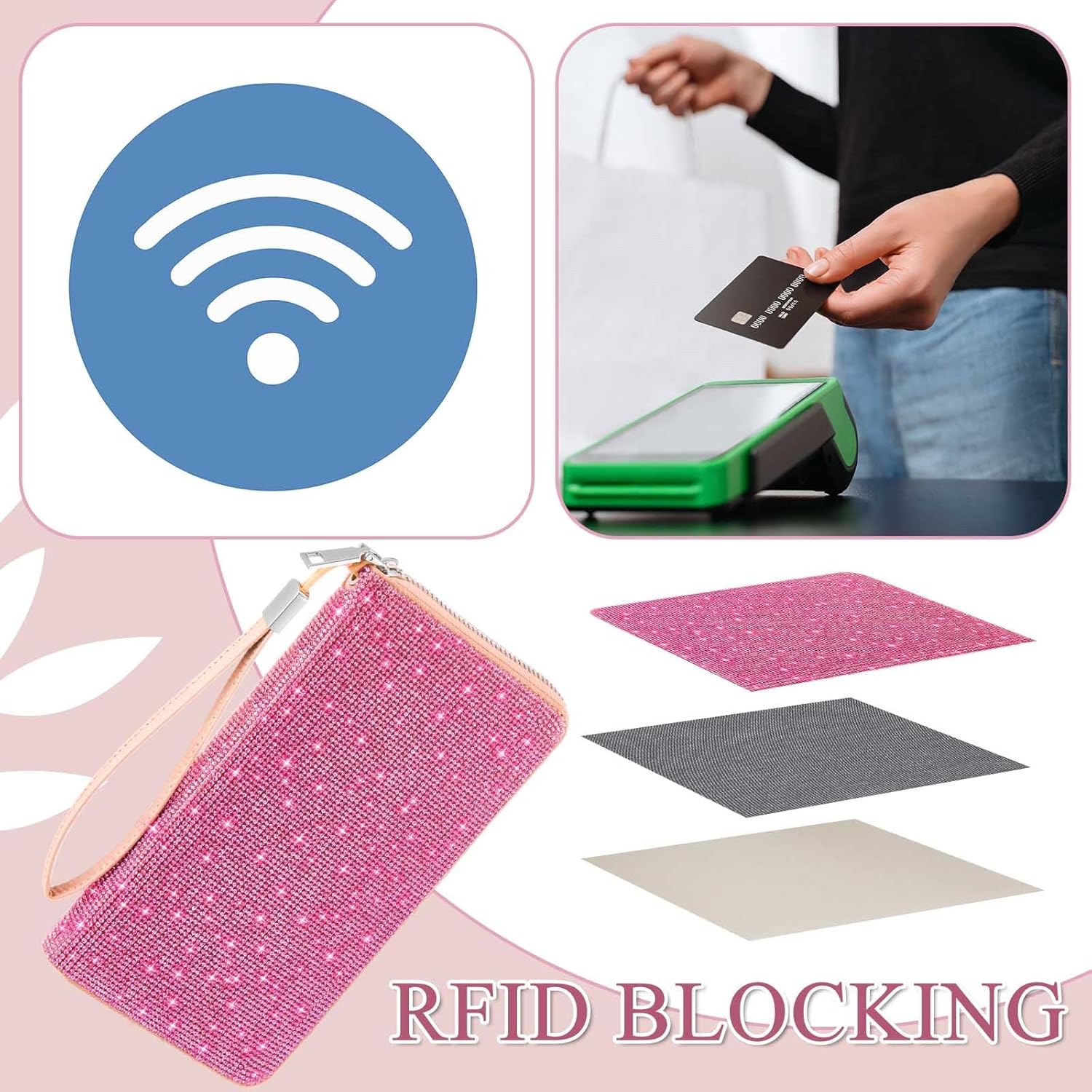 Bling Glitter Sparkly Wallet for Women Christmas Rhinestone Wallet RFID Blocking Phone Purse Gifts for Mother's Day(Pink) - Image 4