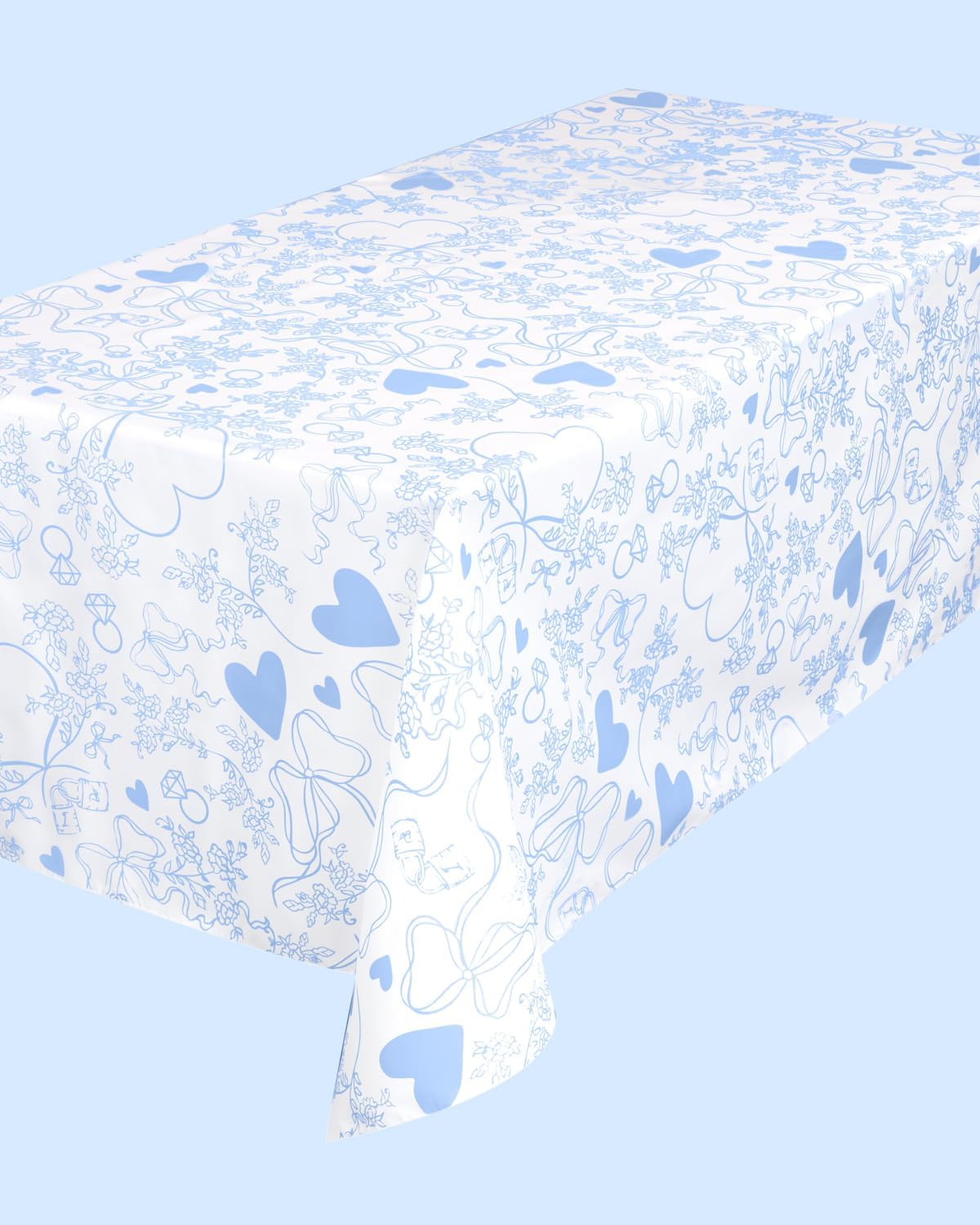 xo, Fetti Something Blue Tablecloth, White + Blue | 9' x 4.5' | Bachelorette Tablescape, Wedding Party Setting, Bridal Shower Decoration, Engagement Table Cover
