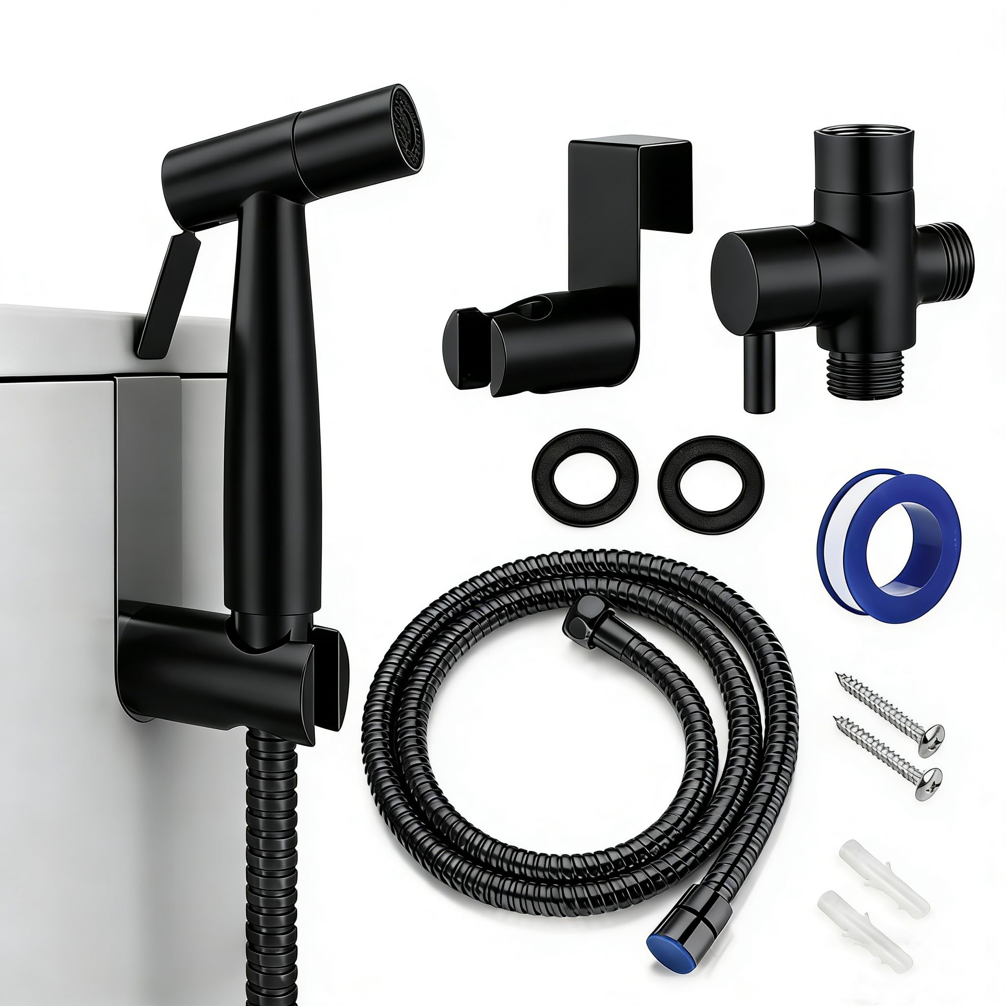Kit de douchette à main pour bidet-toilette – Acier inoxydable robuste Kit de douchette WC avec support adaptateur en T et tuyau à ressort pour toilettes, animaux domestiques et nettoyage (G1/2-noir)