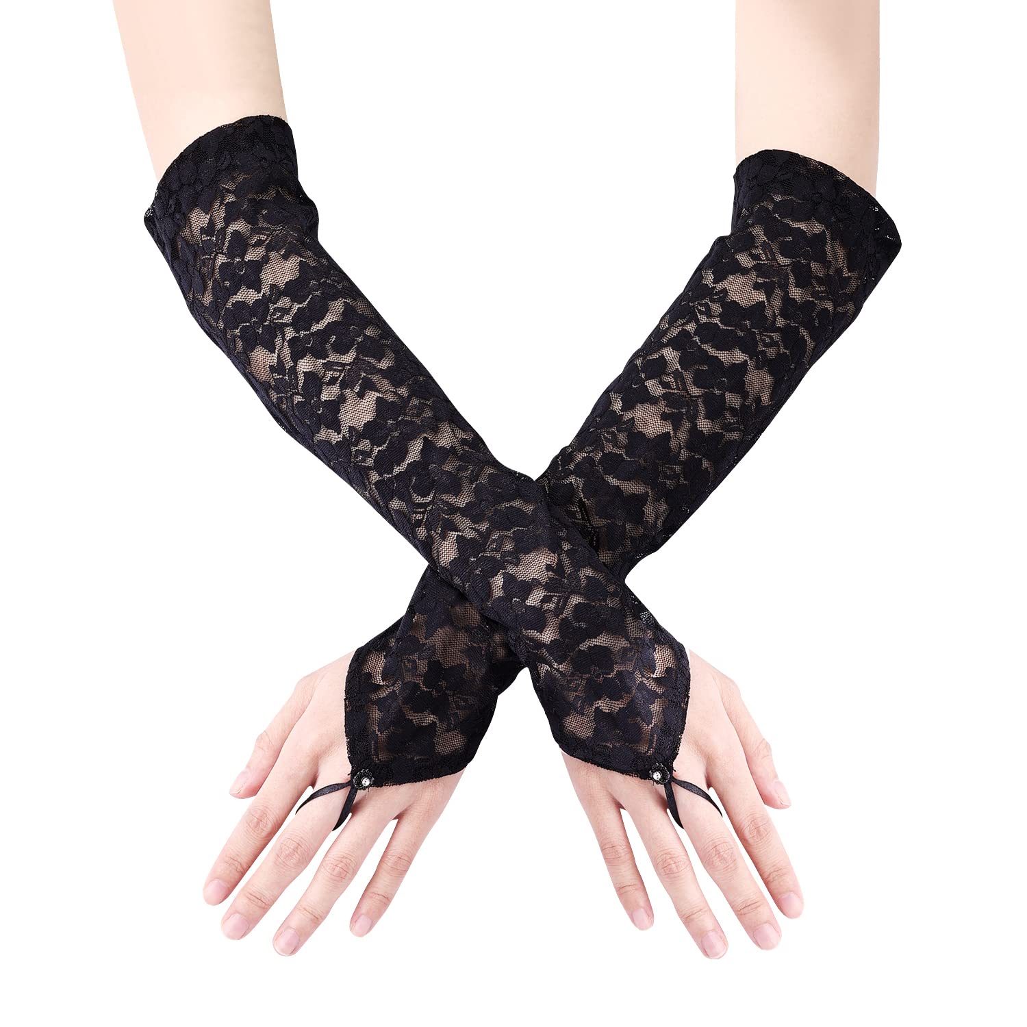 KINBOM Long Lace Gloves, Bridal Fingerless Lace Gloves for Women Tea Party 1920s Costumes Opera Party Masquerade, Elbow Length 15.7inch (Black)