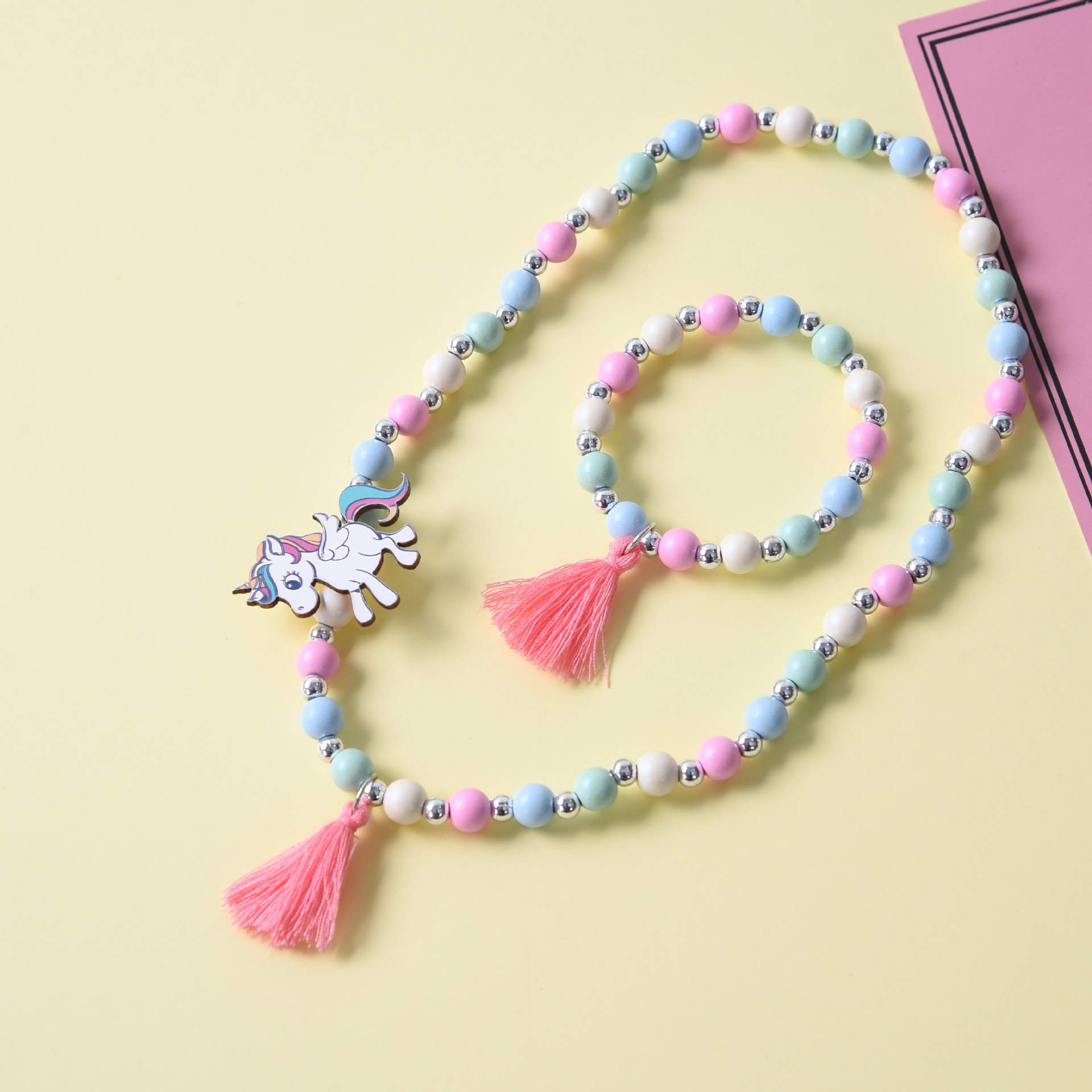 El Regalo Kids/Toddlers/Girls Wooden Beads Handmade Necklace & Bracelet Jewelry Sets (1 Necklace & 1 Bracelet) : Kids Princess Jewelry Set (Unicorn Teasel Jewelry Set) 2