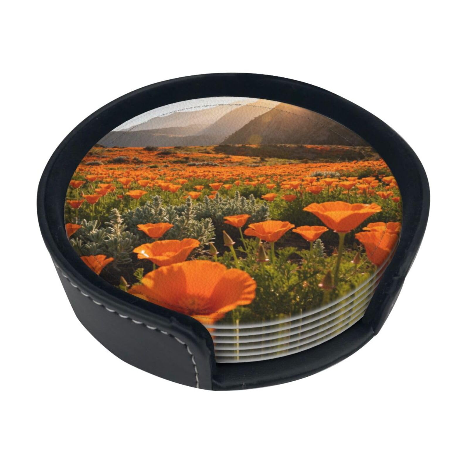 Cntdbu White Poppy Fields Leather Coasters Set Of 6-Pu Leather Drink Mats For Table, Heat Resistant Round Coasters With Holder