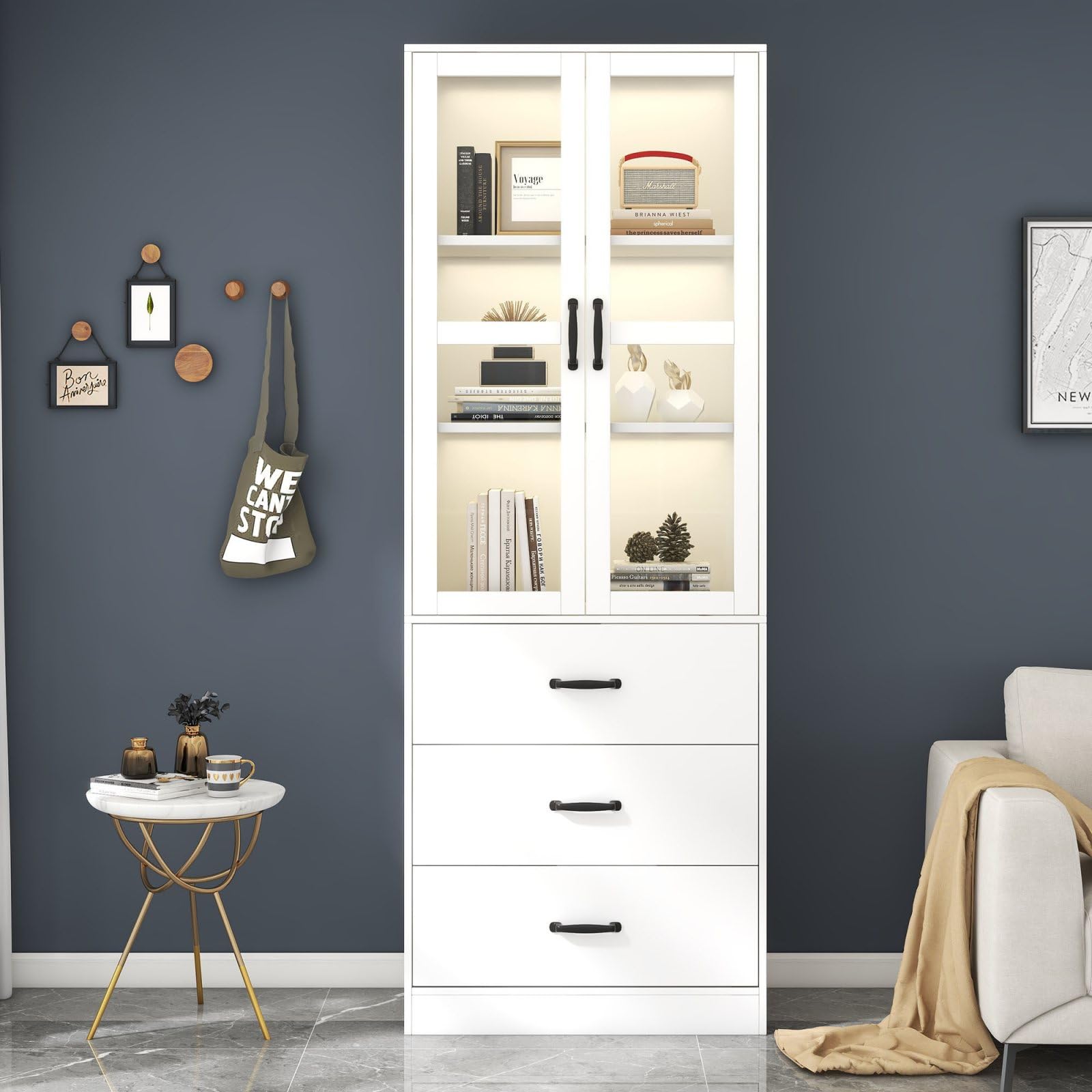 KOMHTOM Armoire de rangement blanche avec LED pour chambre à coucher et salon, polyvalente avec deux portes et trois tir