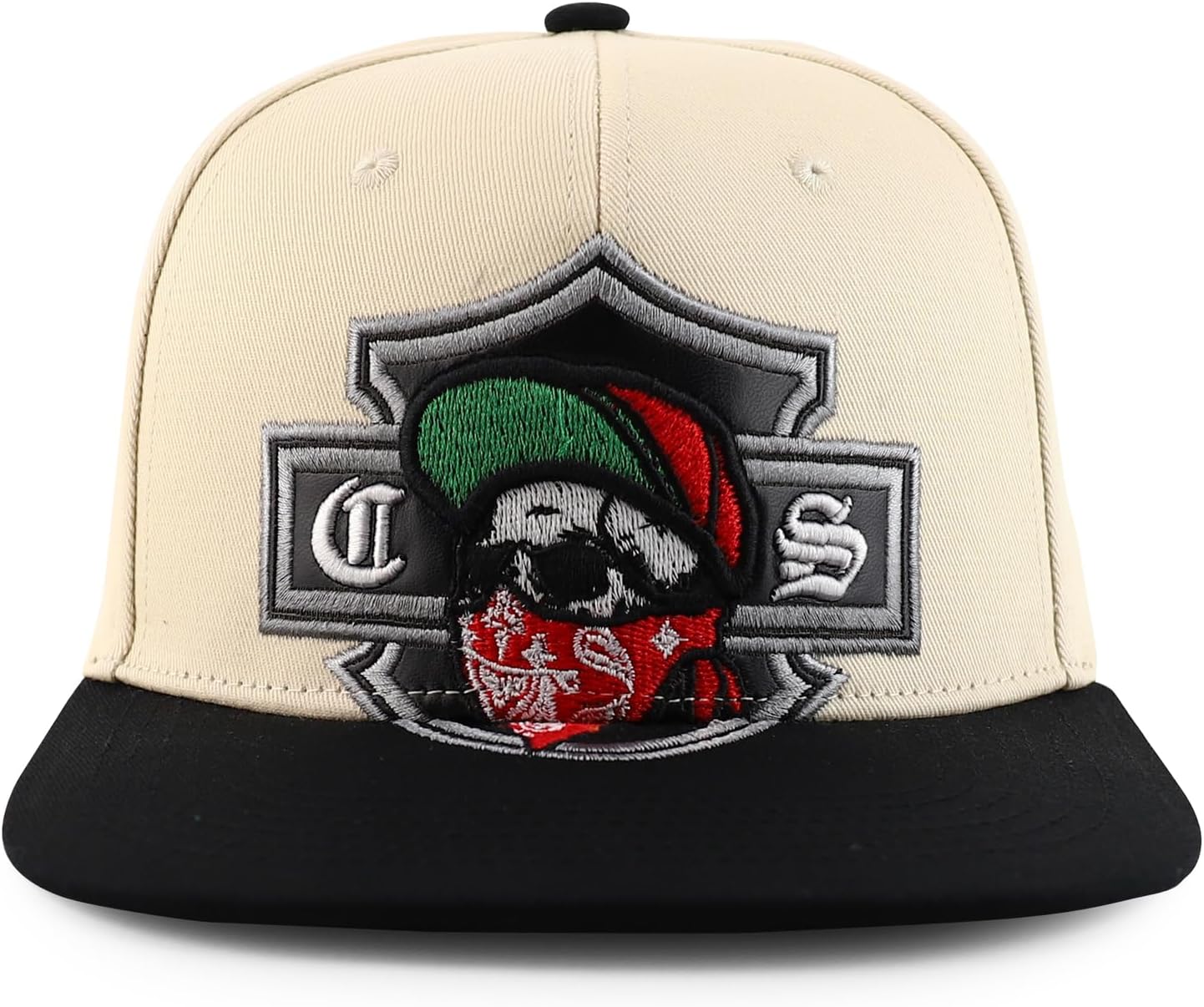Trendy Apparel Shop Chicano Skull with Bandana Embroidered Flatbill Snapback Cap - Image 2