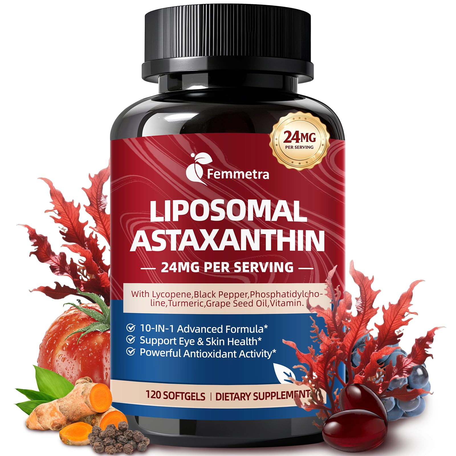10-IN-1 Astaxanthin Supplements 24mg,Fresh Microalgae Source,120 Softgels
