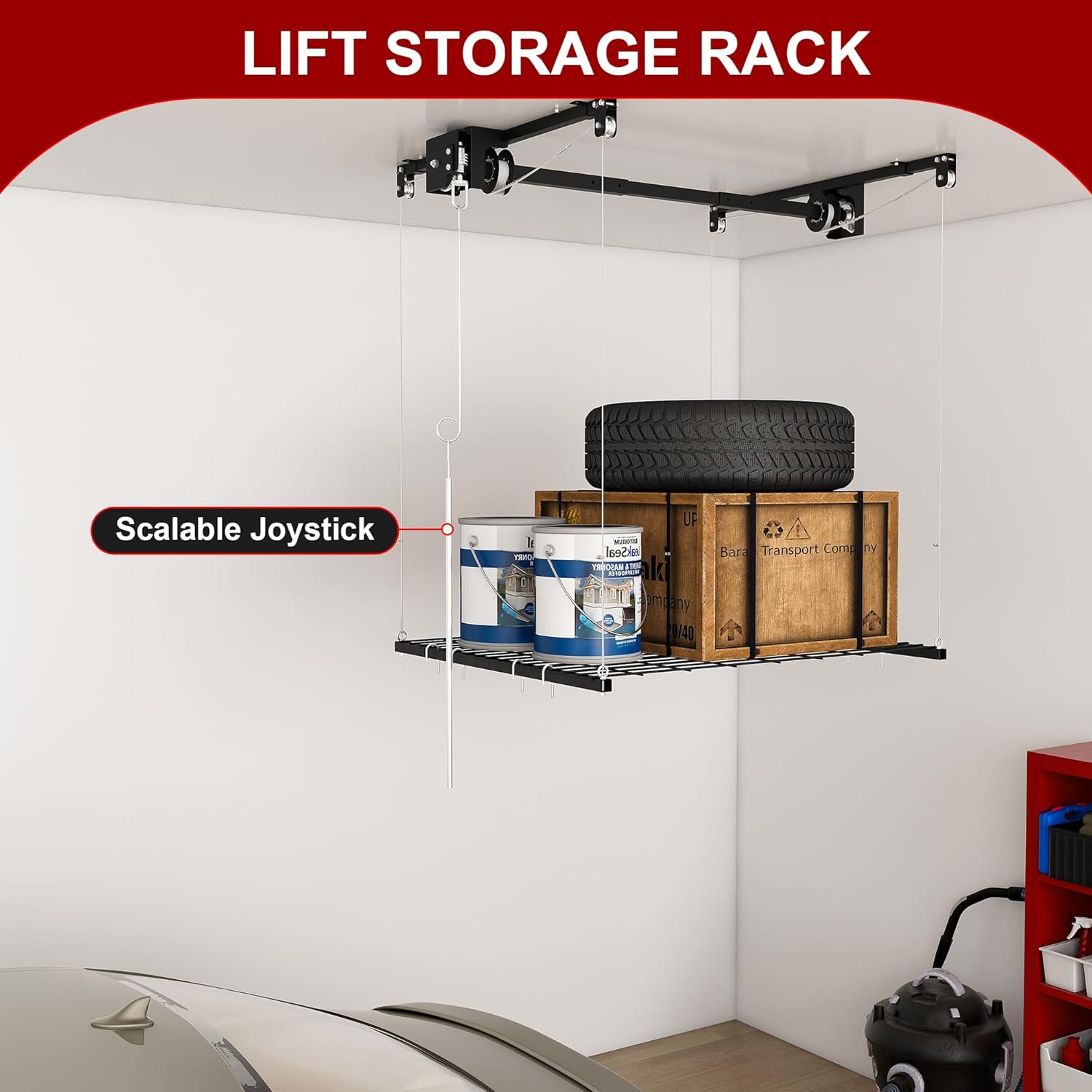 Overhead Garage Storage Rack 4x4 FT, Manual Crank Down System for High Ceiling 10-12 FT, 250 LBS Capacity Black Carbon Steel Platform