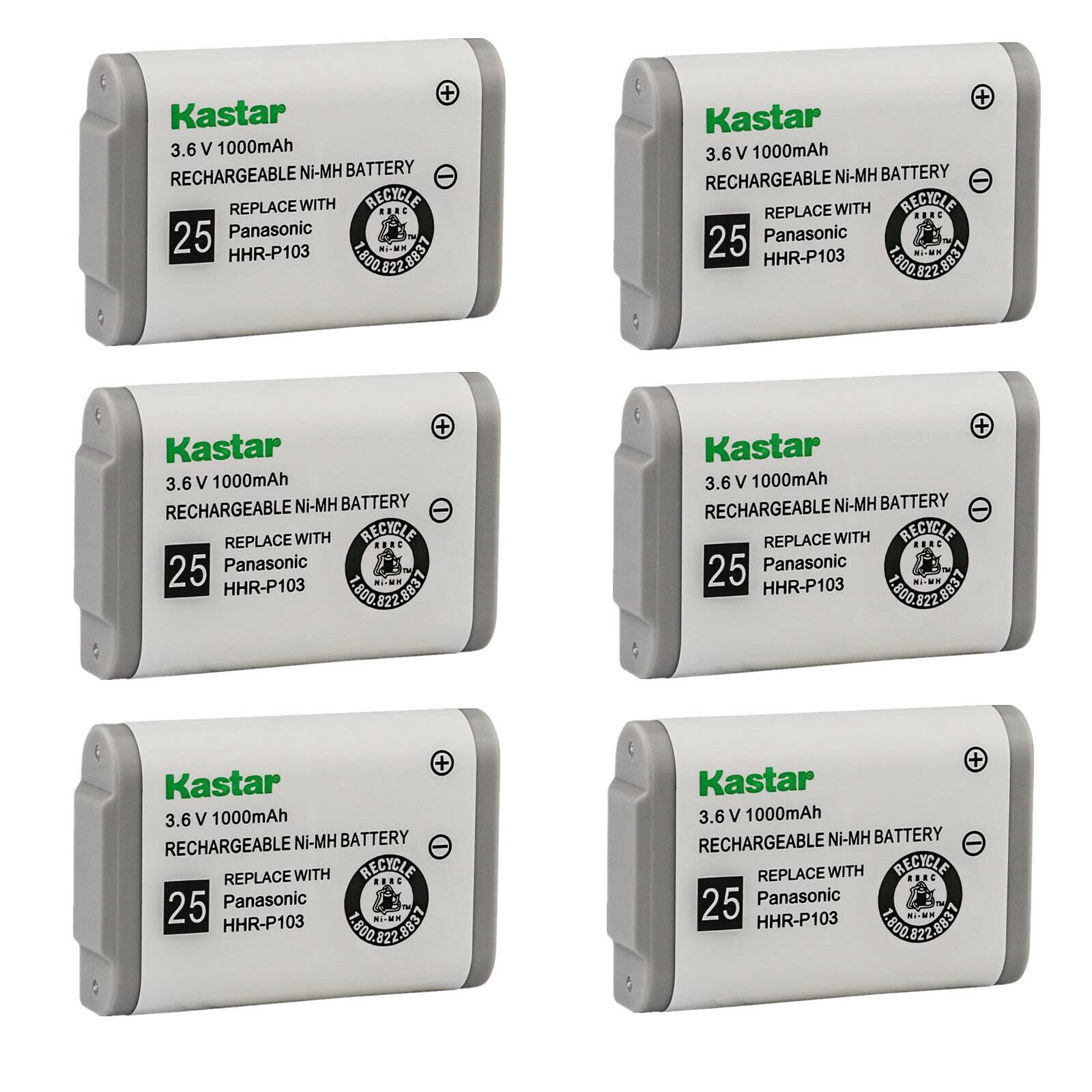 Kastar 6-Pack HHR-P103 Battery Replacement for Panasonic HHR-P103 HHRP103 HHR-P103A HHRP103A Type 25, Panasonic KX-GA271W KXGA271W KX-TD7680 KXTD7680 KX-TD7896 KXTD7896 KX-TG2352 KXTG2352 KX-TG2352B