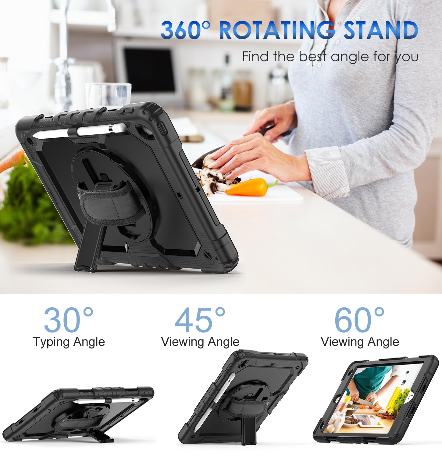 DAORANGE Custodia Cover per iPad 9a / 8a / 7a Generazione (iPad 10,2 Pollici 2021/2020/2019), Custodia Antiurto con Pellicola Protettiva, Supporto Girevole a 360°, Cinturino a Mano e Tracolla (Nero)