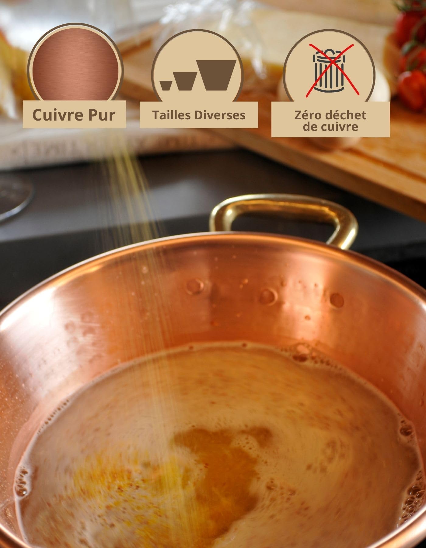 RAME PURO Chaudron Cuivre Induction pour Polenta 23 cm 2,5 L – Casserole cuivre martelé à la main avec poignée en laiton, 2/3 personnes, fond induction, pour confiture et fromage, Fabriqué en Italie