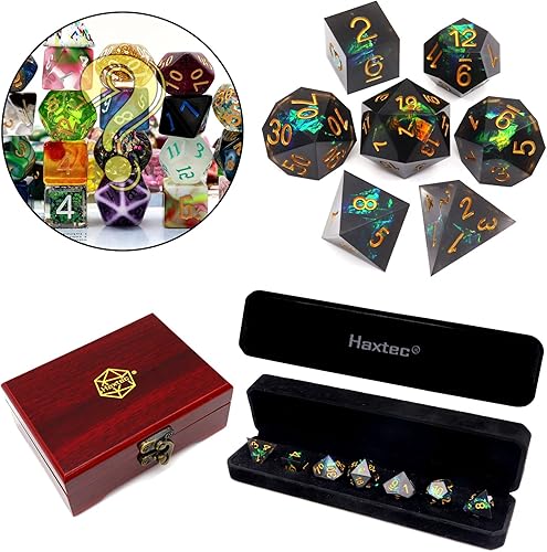 Haxtec Juego de dados misteriosos con estuche de dados de madera y juego de dados de borde afilado Mylar negro