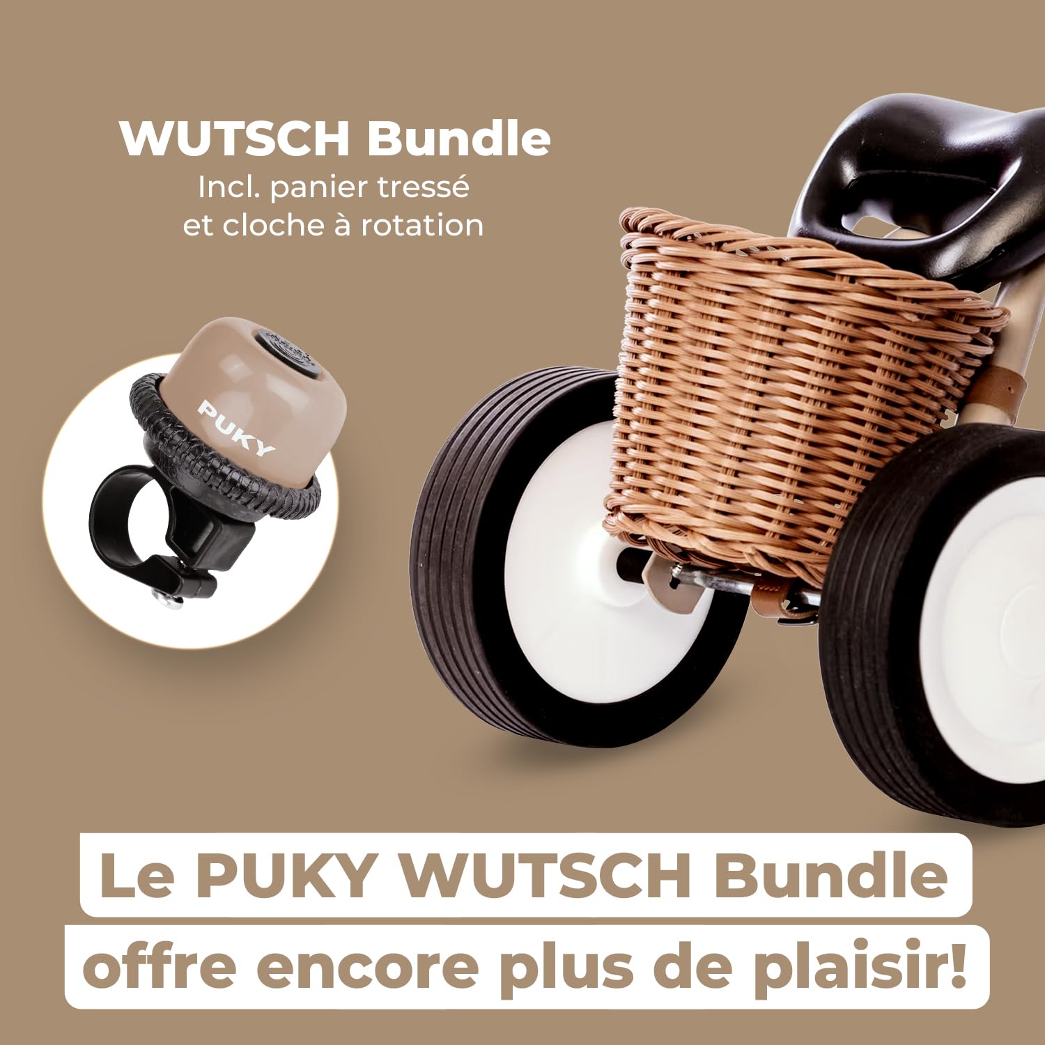 PUKY WUTSCH Bundle Sable Poussiéreux | Draisienne Bebe 1 an | Velo Bebe sans pédales | Draisienne evolutive avec poignées sécurité, siège Ergonomique, Roues silencieuses, Cloche & Panier | Jouet bébé