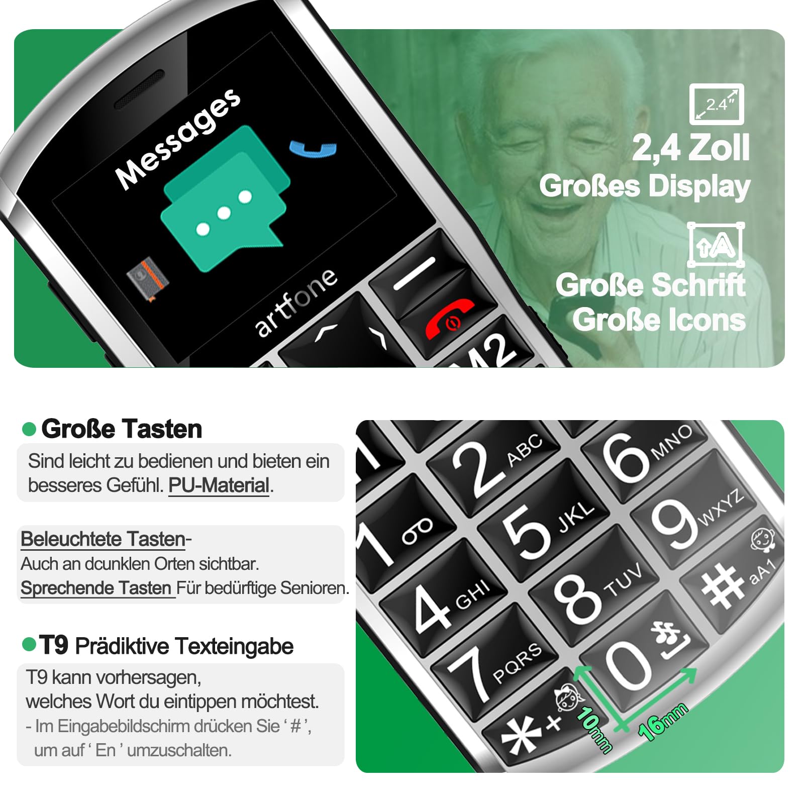 artfone Volte - Telefono cellulare 4G per anziani, senza contratto, con tasti grandi, con pulsante di chiamata di emergenza e batteria da 1800 mAh, doppia SIM con stazione di ricarica da tavolo