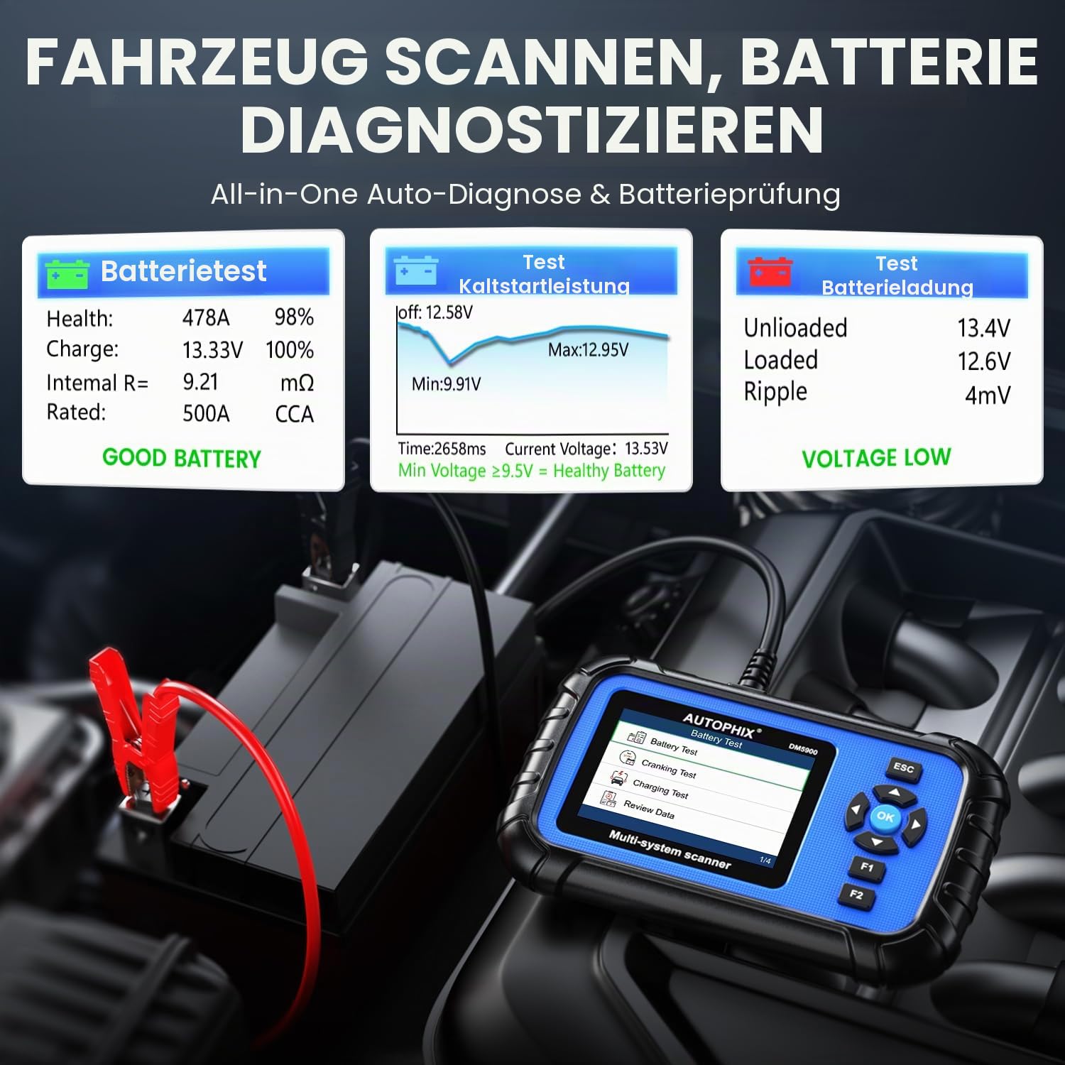 AUTOPHIX 4 Systeme Auto Diagnosegerät für ABS, SRS, Getriebe & Motor, 3 in 1 Bluetooth OBD2 Scanner, 12V Autobatterietester, KFZ Diagnosegerät mit Voller OBD2 Funktion