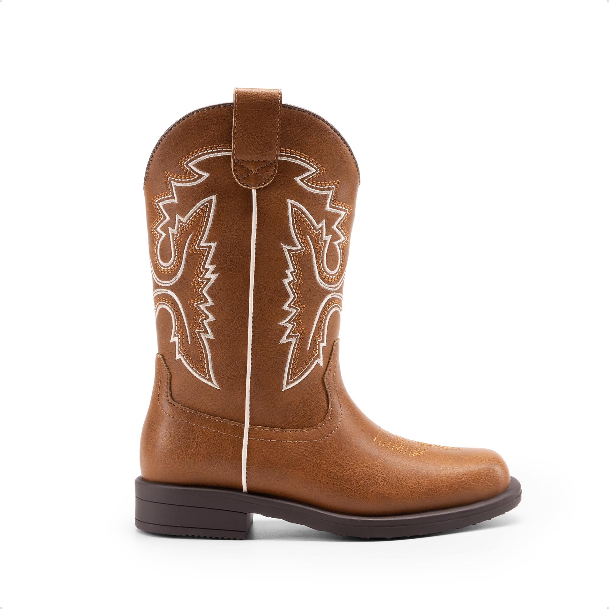 DREAM PAIRS Bottes de cowboy mi-mollet pour garçons et filles Bottes d'équitation à bout carré pour enfants, marron, 32 EU