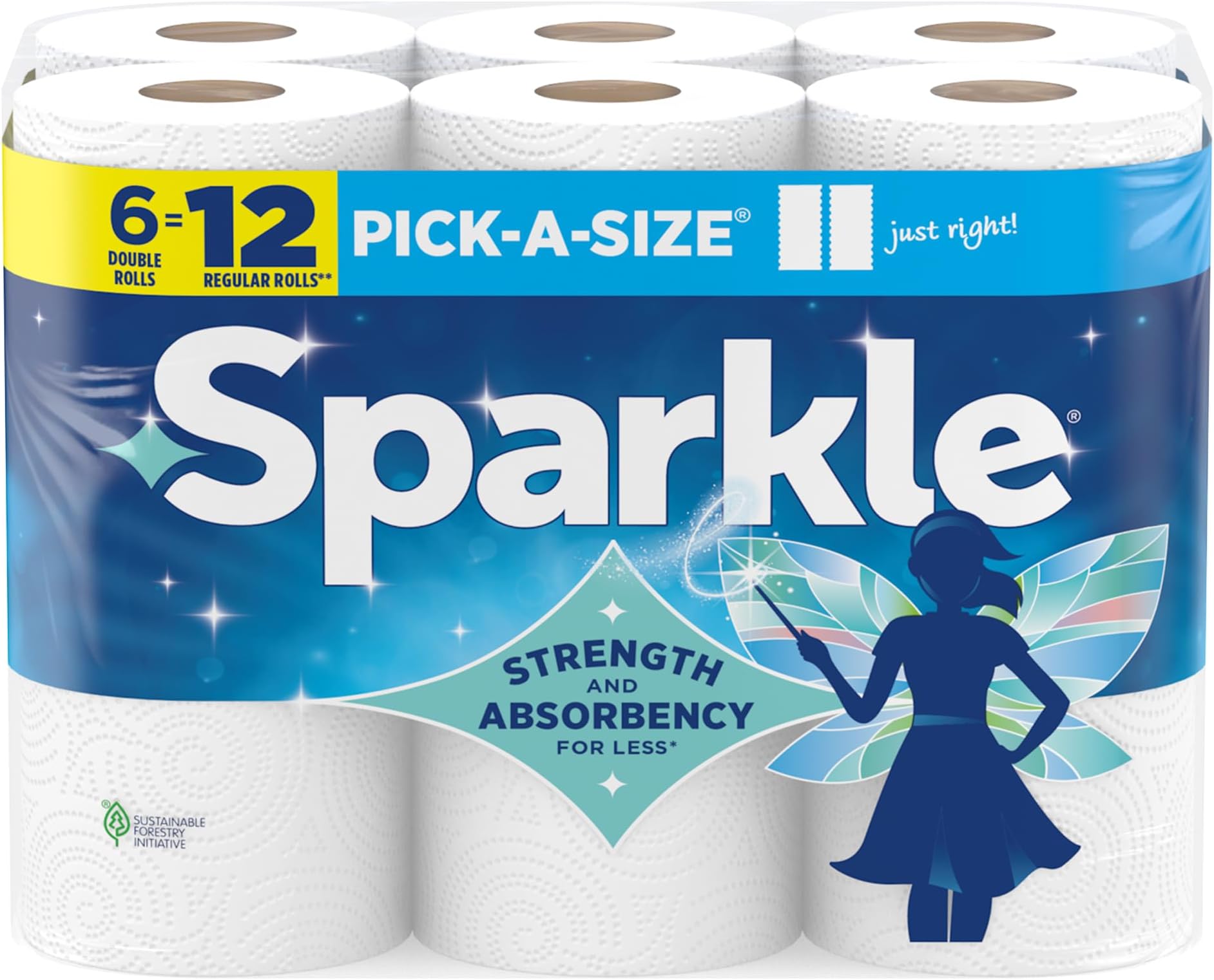 Sparkle Pick-A-Size Paper Towels, 6 Double Rolls = 12 Regular Rolls, Everyday Value Paper Towel With Full And Half Sheets