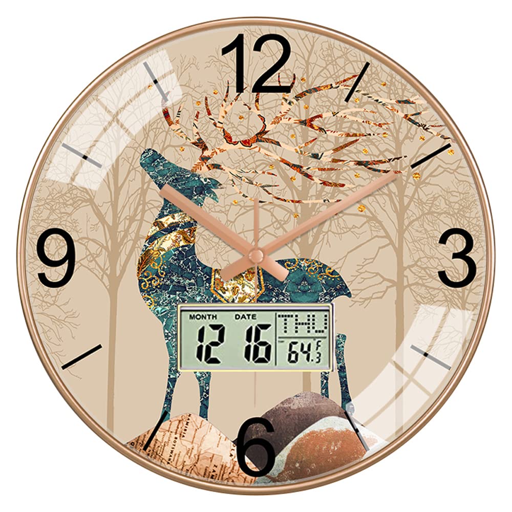 STAR WORK Silent Mute Wall Clocks Battery Operated Non-Ticking Quiet Decorative Wall Clocks for Living Room, Bathroom, Kitchen - Thicken Plastics Frame Glass Cover (Deer Digital)