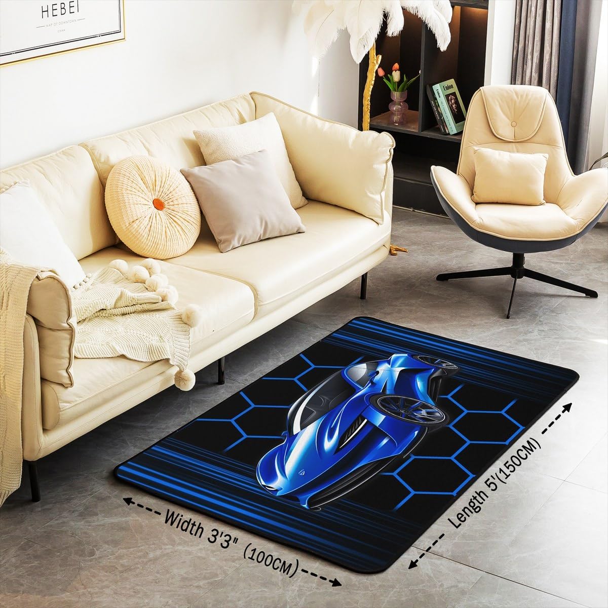 Blue Race Car Decorative Rug 5x6'6''(150cmX200cmX1cm),Honeycomb Geometric Indoor Floor Mat for Playroom Bedside Sofa Bedroom,Extreme Sports Theme Non Shedding Rug for Boys Girls