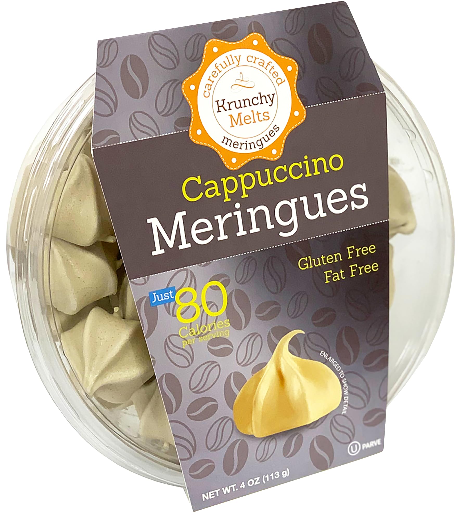 Krunchy Melts Original Meringue Cookies | Cappuccino Flavor | Only 80 Calories Per Serving | Fat Free, Gluten Free, Dairy Free (4 Oz)