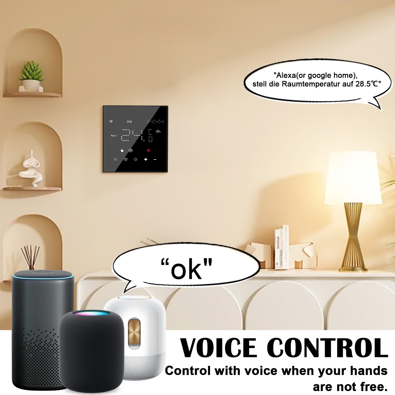 Termostato WiFi para calefacción eléctrica por suelo radiante, termostato inteligente, programable, termostato digital, compatible con Alexa Google Home Control por voz+App Remote, WiFi de 2,4 GHz