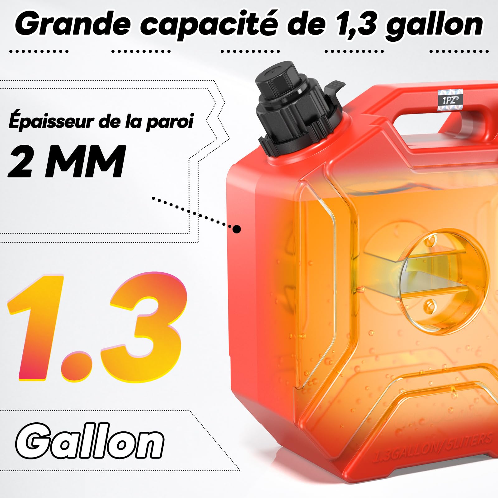 1PZ FR3-GT3 Bidon Carburant 5L et Réservoir Eau Jerrican Portable avec Bec Verseur - Support Véhicule Verrouillable - Pour Essence/Diesel/Eau - Universel Moto/SUV/VTT/UTV - PEHD Résistant aux Chocs