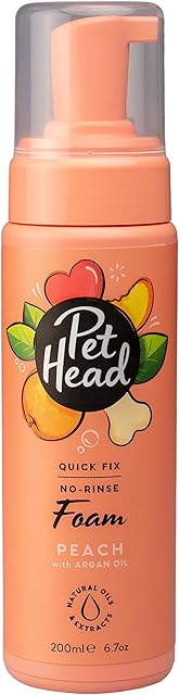 PET HEAD Dog Grooming Deodoriser Foam 200ml, Quick Fix No Rinse, Peach Scent, Best Dry & Waterless Dog Shampoo for Smelly Dogs, Nourishes and Softens Pet Coat & Skin, Vegan, Gentle Formula for Puppies
