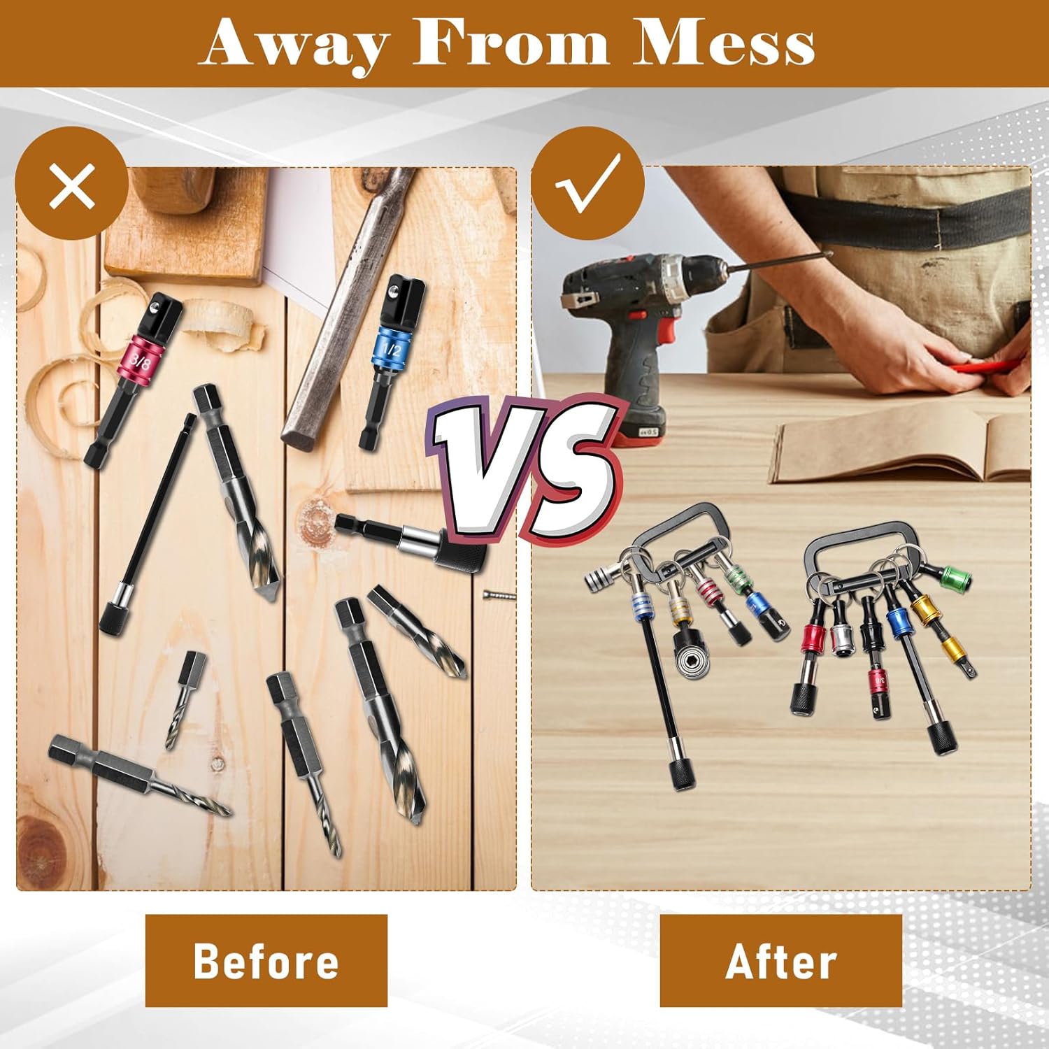 18PCS Bit Holder Cool Gadgets, 11P Drill Bit Holder Keychain/ 3P Impact Drill Sockets Adapter/ 3P 1/4’’ Quick Hex Shank/ 105°Right Angle Driver with 1/4’’Hex Shank