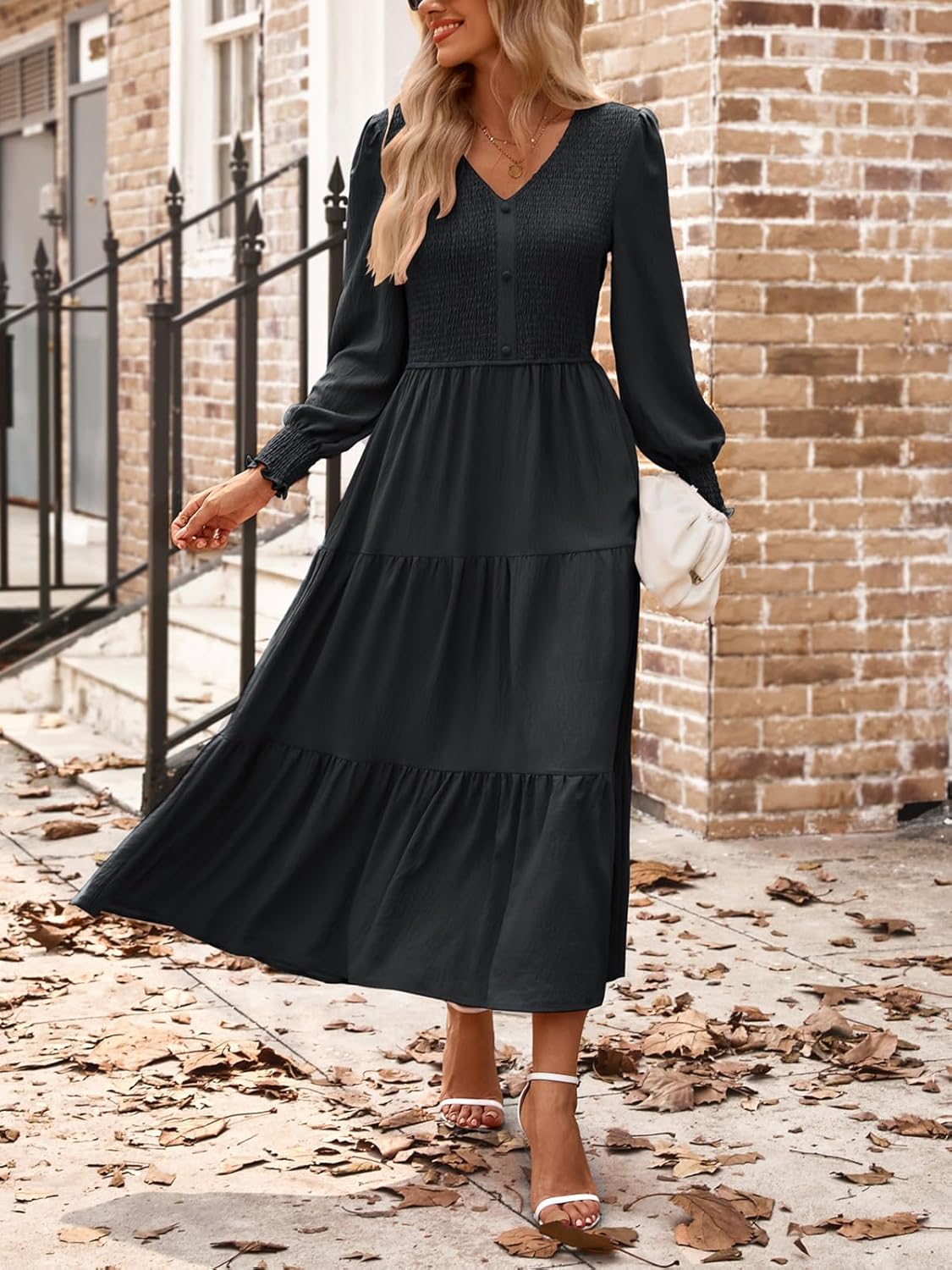Kate Kasin Womens Long Sleeve Mixi Dress, Smocked Work Dress with Pockets, Elegant Fall Dresses 2025