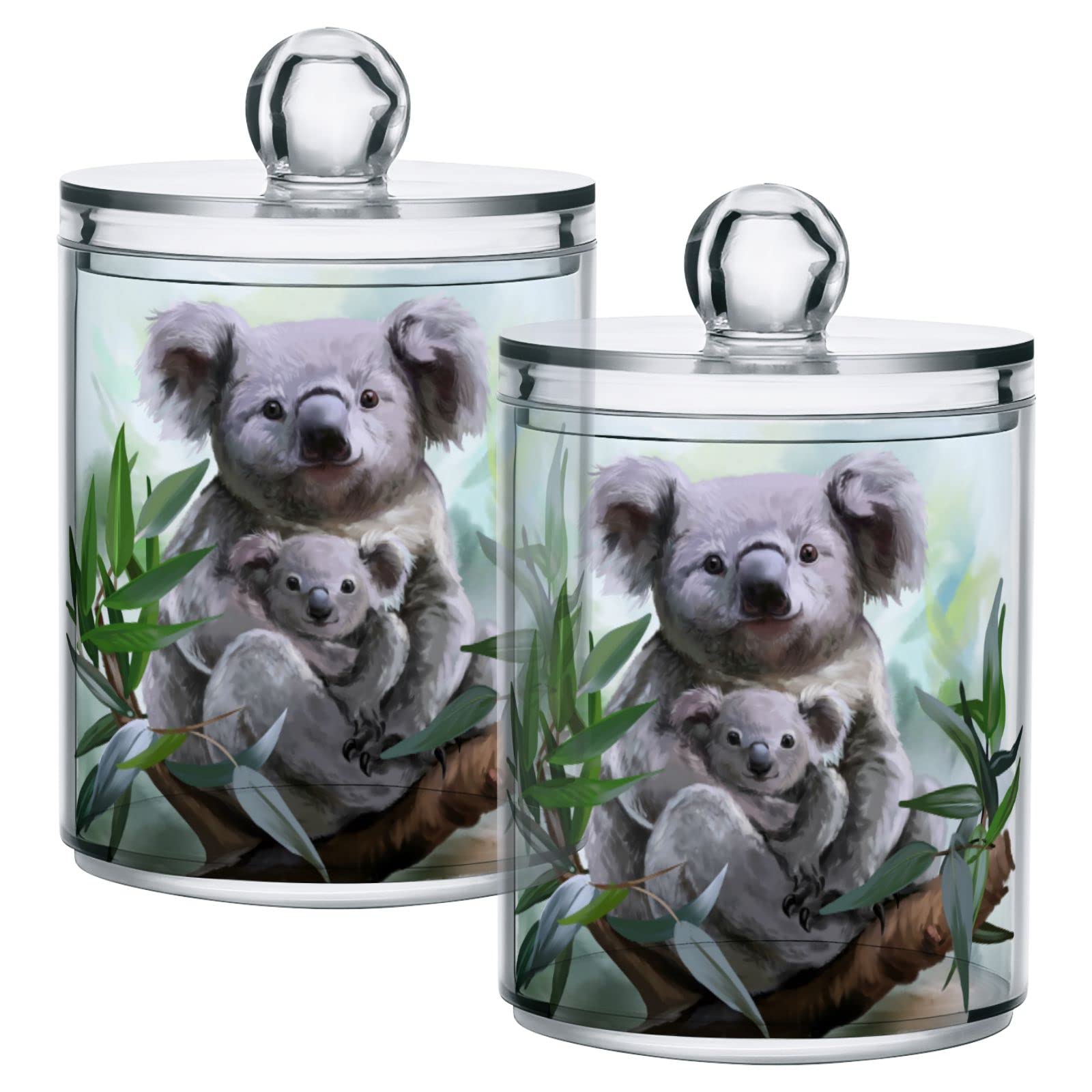 4 Pack Qtip Dispenser Apothecary Jars Bathroom Organizer, Koala and Baby Leaves Qtip Holder Storage Canister Plastic Acrylic Jar for Cotton Ball/Swab/Rounds