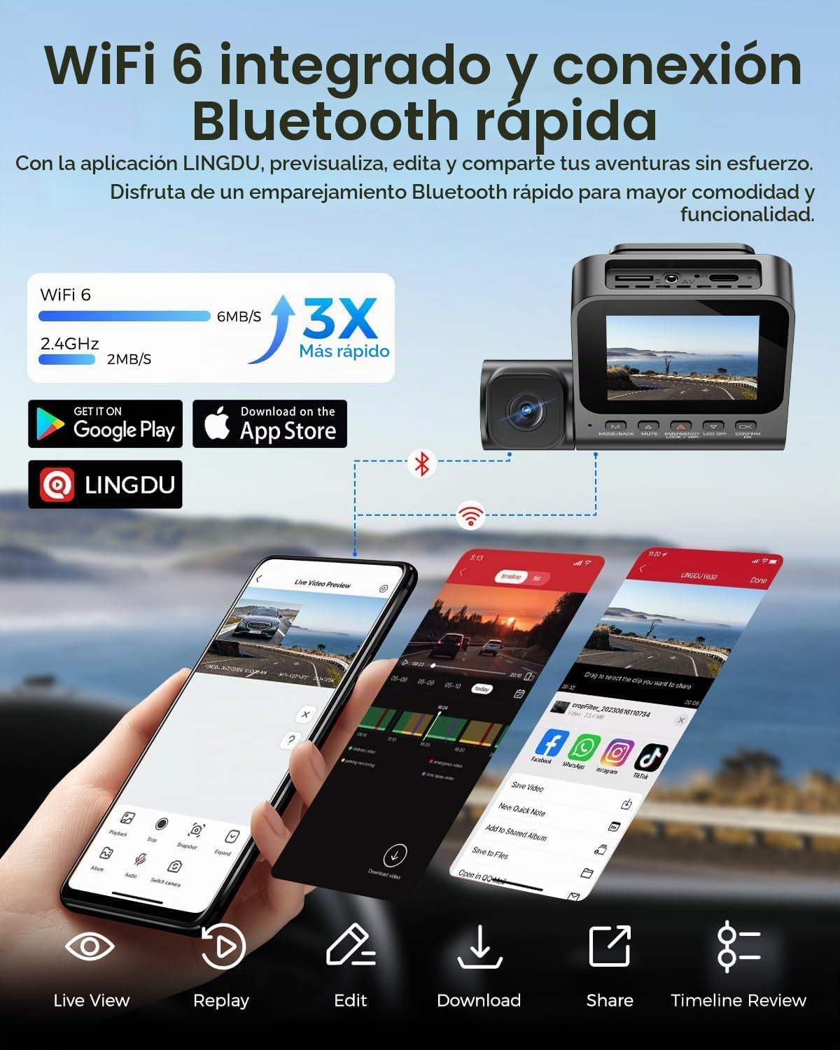 Cámara de Coche WiFi GPS 4K de 3 Canales, 4K+1080P+1080P Dashcam Camara Coche con Visión Nocturna IR, Control de Voz, Tarjeta SD de 64GB, Pantalla IPS de 2.4", Monitor de Aparcamiento 24H V630