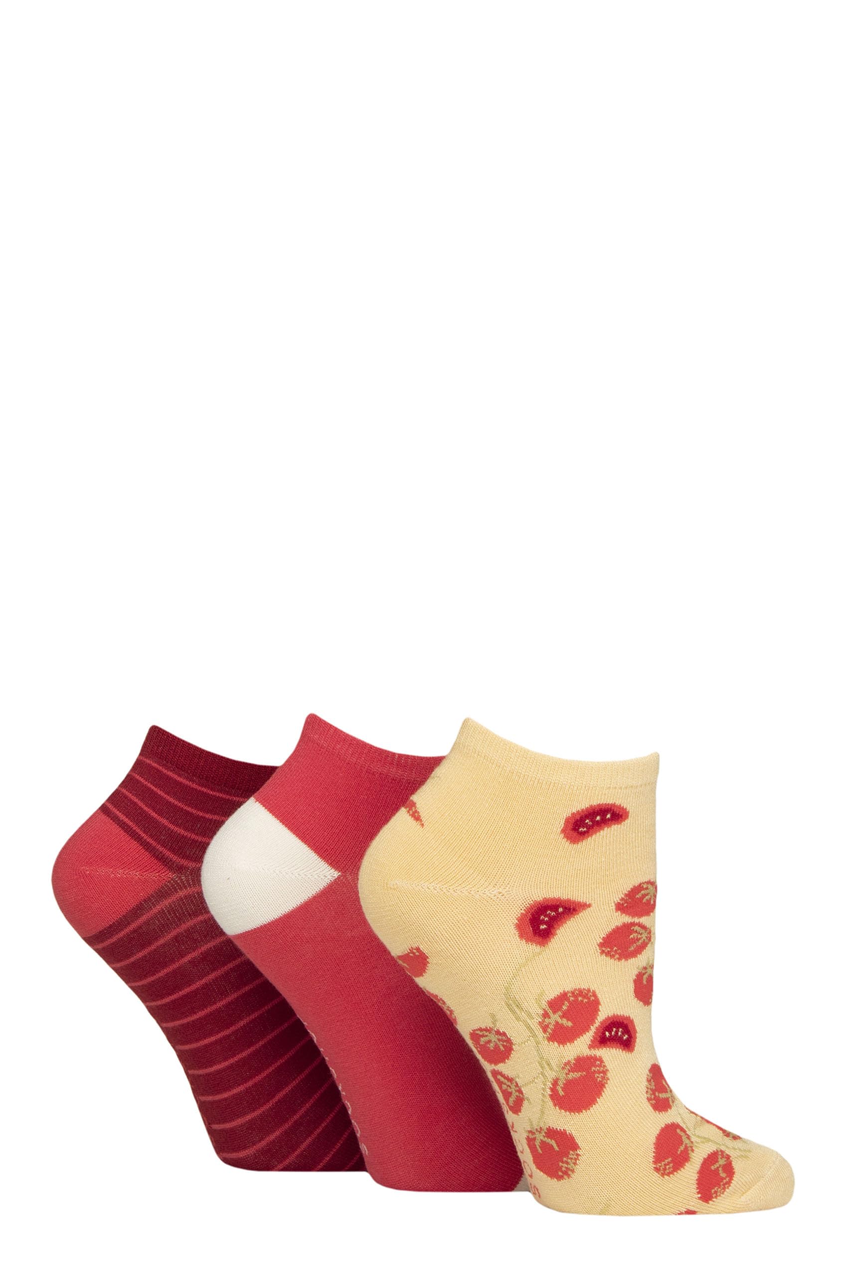 SockShop Ladies Striped, Plain and Mesh Bamboo Trainer Socks Pack of 3 (UK, Numeric, 4, 8, Regular, Regular, Tuscan Tomato Patterned)