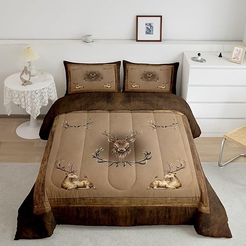 Erosebridal Juego de edredón rústico de ciervo para niños y adolescentes, juegos de ropa de cama vintage de animales de alce tamaño matrimonial,