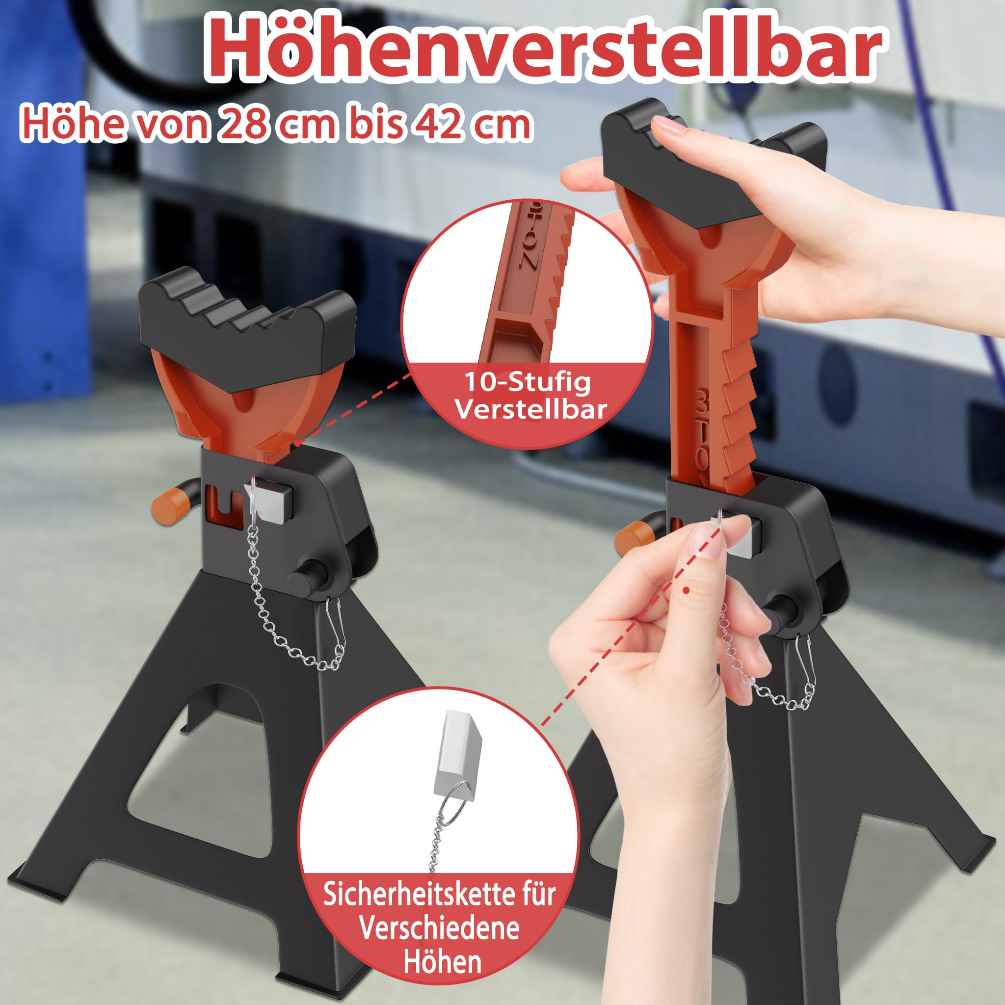 YRHome Unterstellbock Stützböcke Wagenheber Höhenverstellbar 28-42CM Stützbock Ständer Aus Gusseisen Max.Tragfähigkeit 3T Für Wartung und Reparatur von PKWs, Transportern und Wohnmobilen-4 Stück