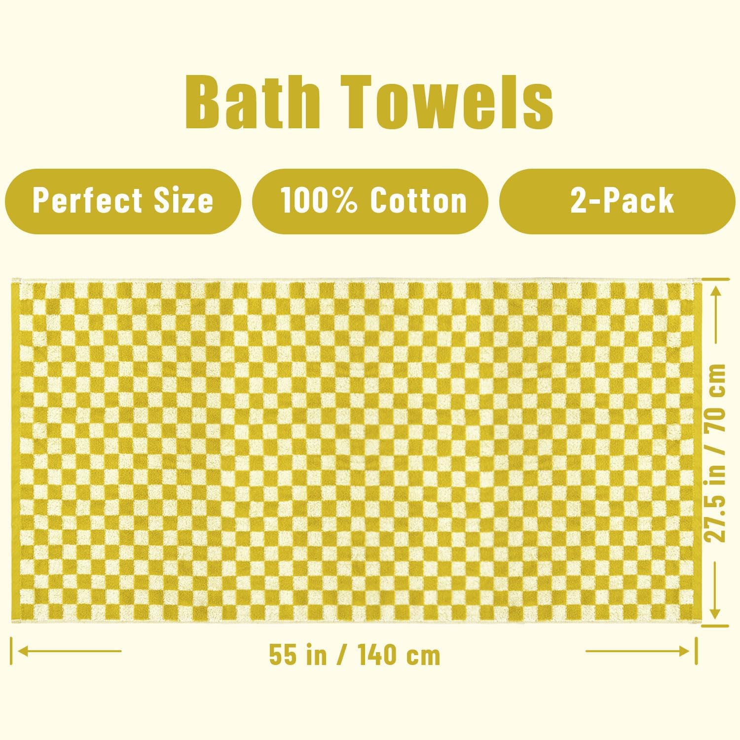 Lot de 2 serviettes de bain de luxe d'automne en coton à carreaux pour séchage du corps, 140 x 69 cm, jaune moutarde