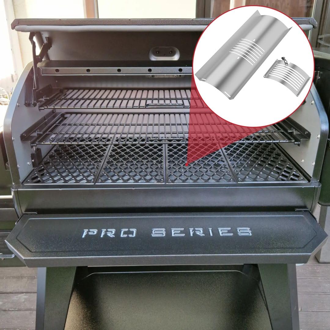 An overhead view of a Pit Boss grill with the flame broiler kit installed, highlighted with a red overlay to show its placement.
