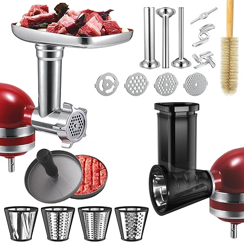 Picadora de carne y rebanadora de accesorios para batidora de pie KitchenAid, molinillo de alimentos de metal con tubos de relleno de salchichas,