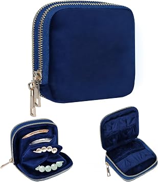 Travel Jewelry Case for Women, 2-Layer Storage Bag for Rings, Jewelry Pouch with Double Zipper, Velvet Lining Jewelry Pouch, 4 Compartments and 7 Grids for Bracelets, Rings, Earrings